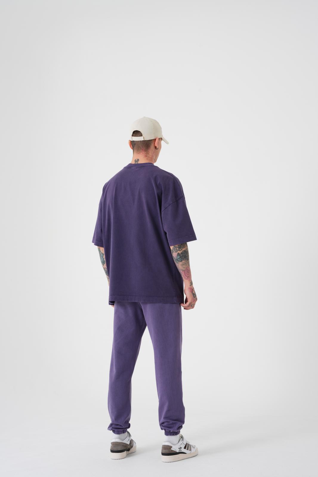 Erkek Yıkamalı Basic Oversize Tişört Mor-4