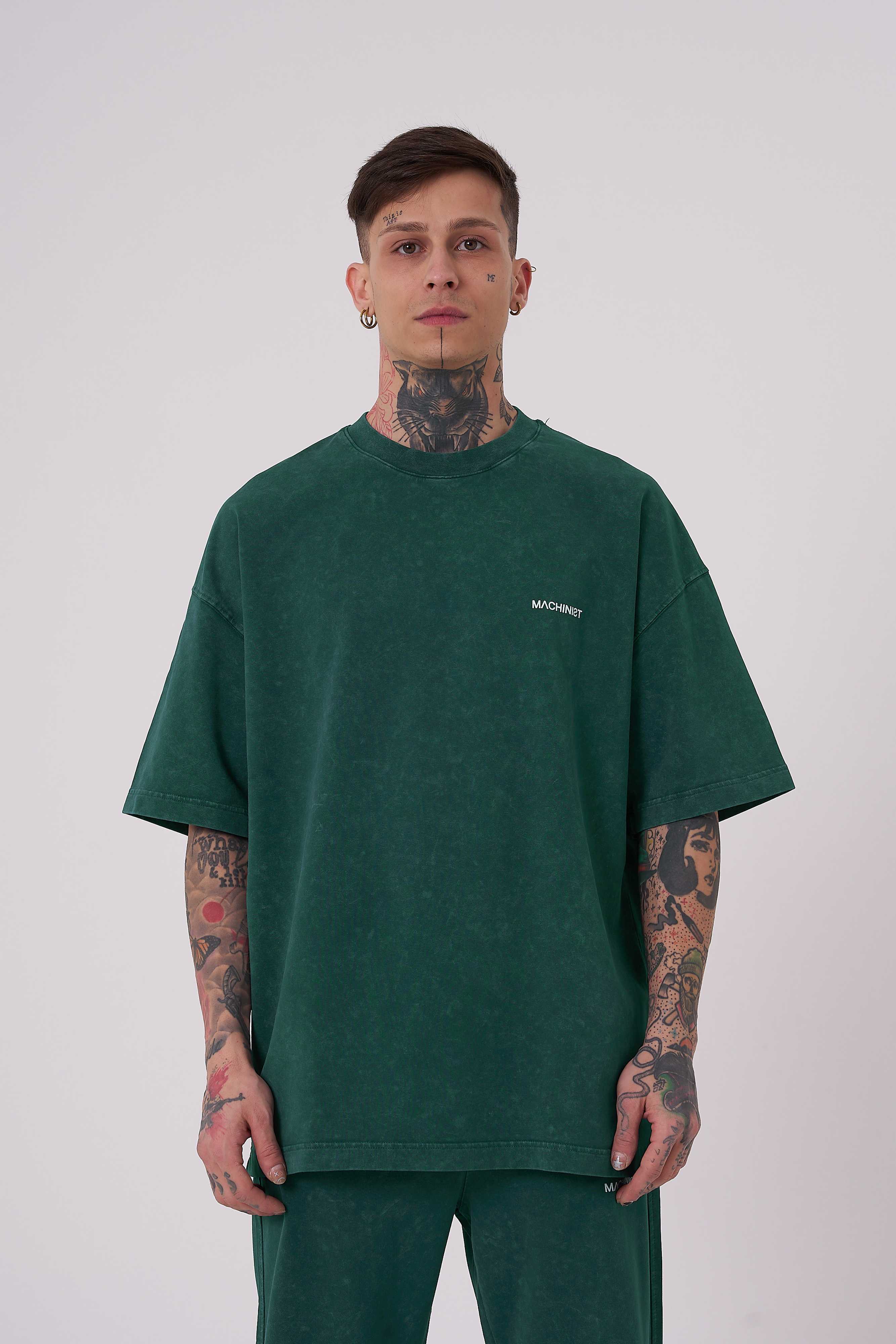 Erkek Yıkamalı Basic Oversize Tişört Yağ Yeşili
