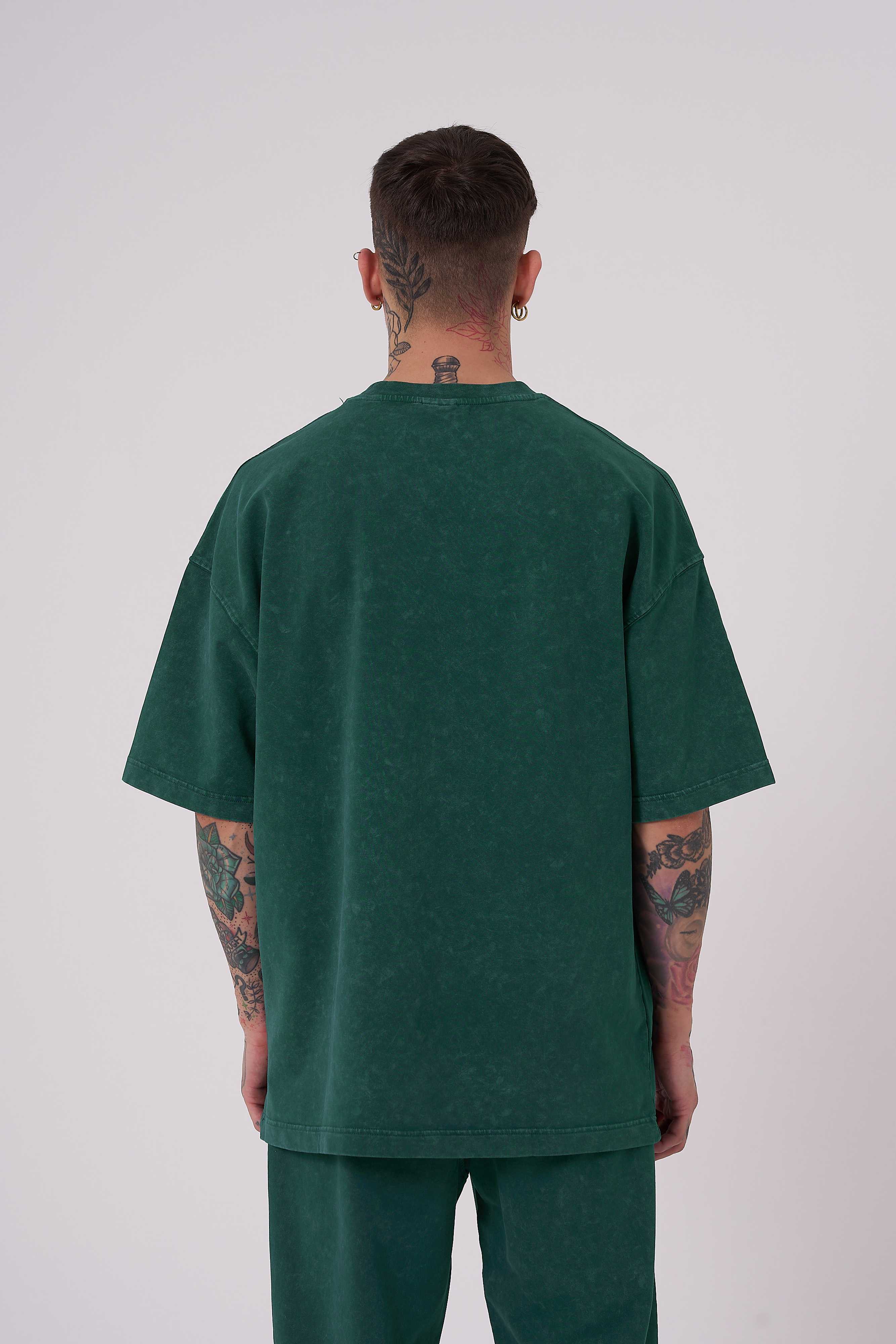 Erkek Yıkamalı Basic Oversize Tişört Yağ Yeşili