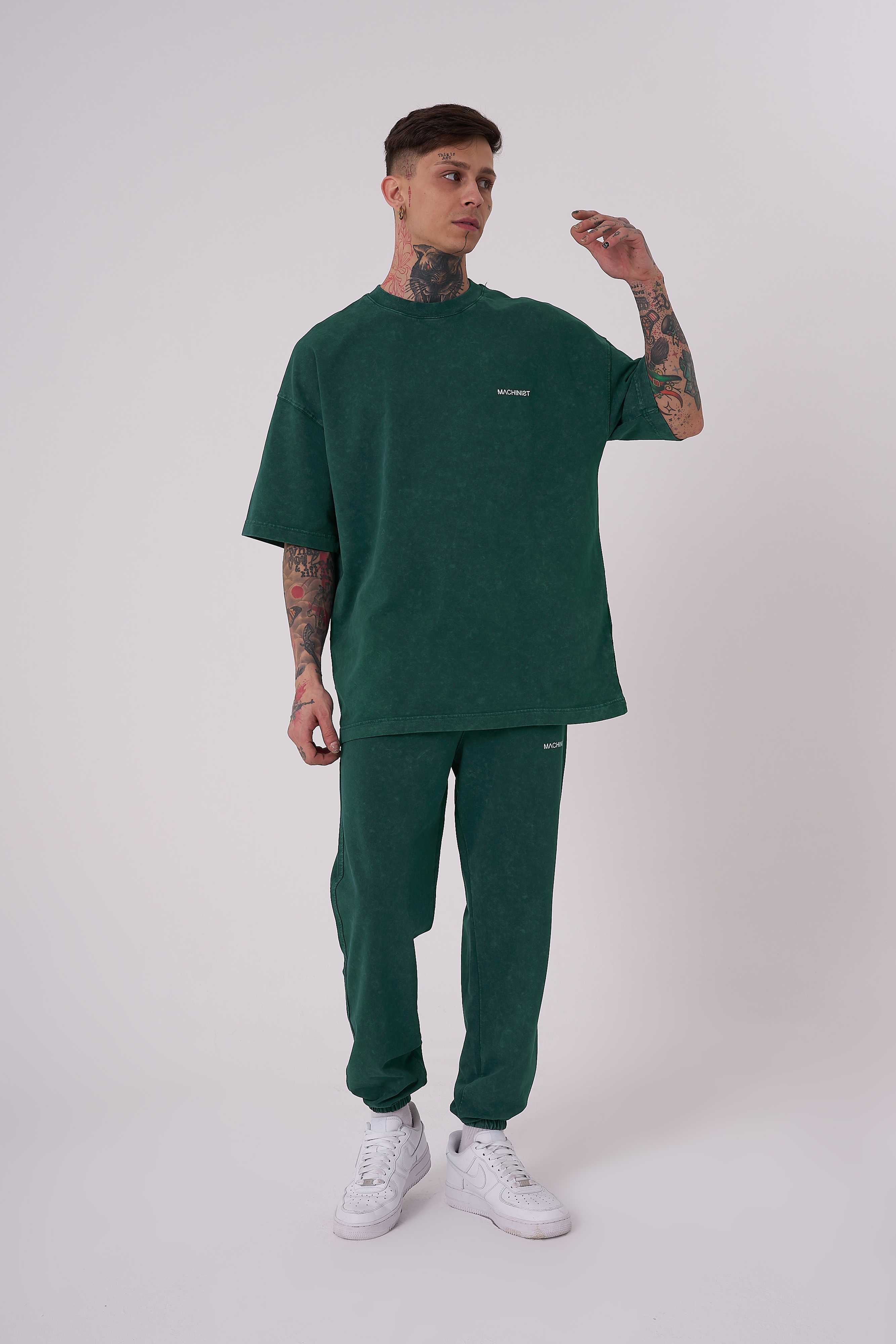 Erkek Yıkamalı Basic Oversize Tişört Yağ Yeşili-3