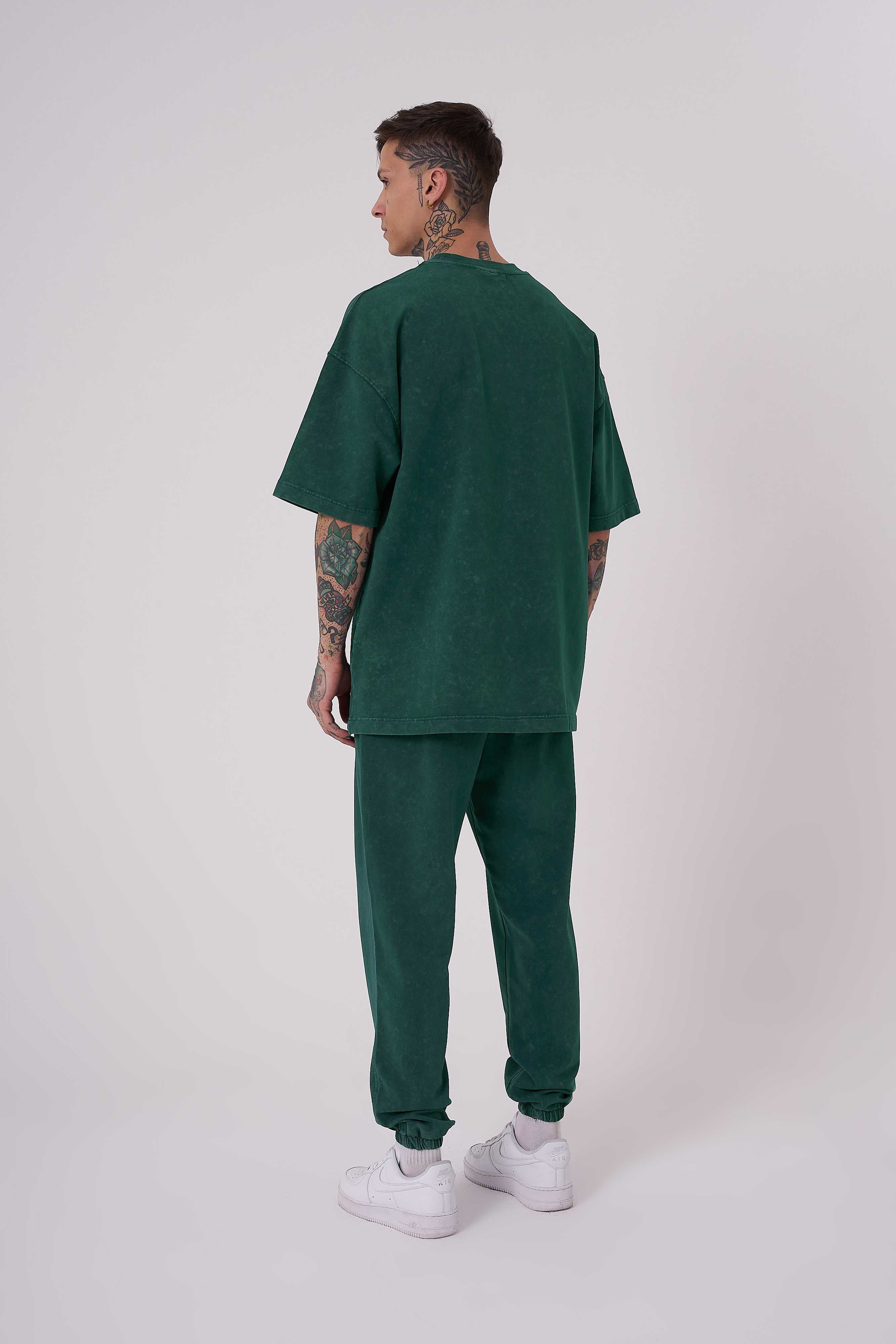 Erkek Yıkamalı Basic Oversize Tişört Yağ Yeşili-4