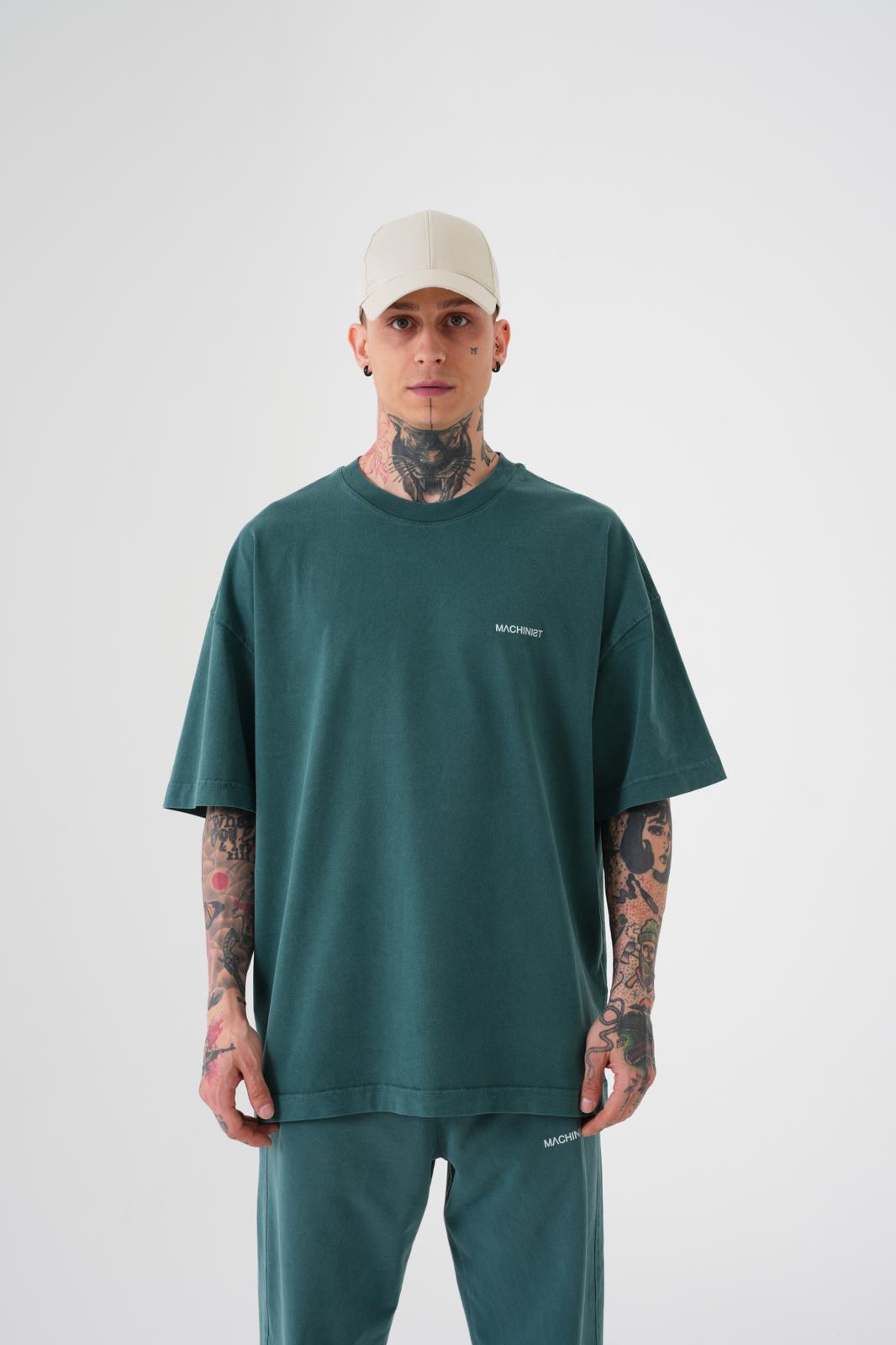Erkek Yıkamalı Basic Oversize Tişört Yağ Yeşili