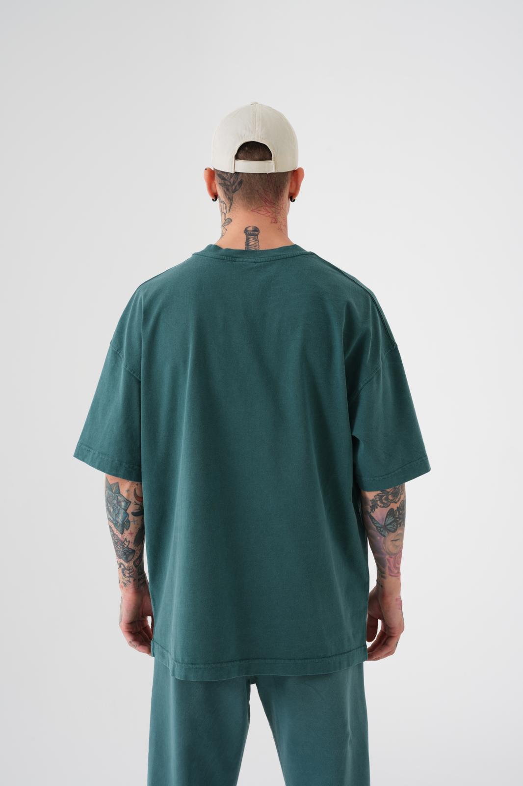 Erkek Yıkamalı Basic Oversize Tişört Yağ Yeşili