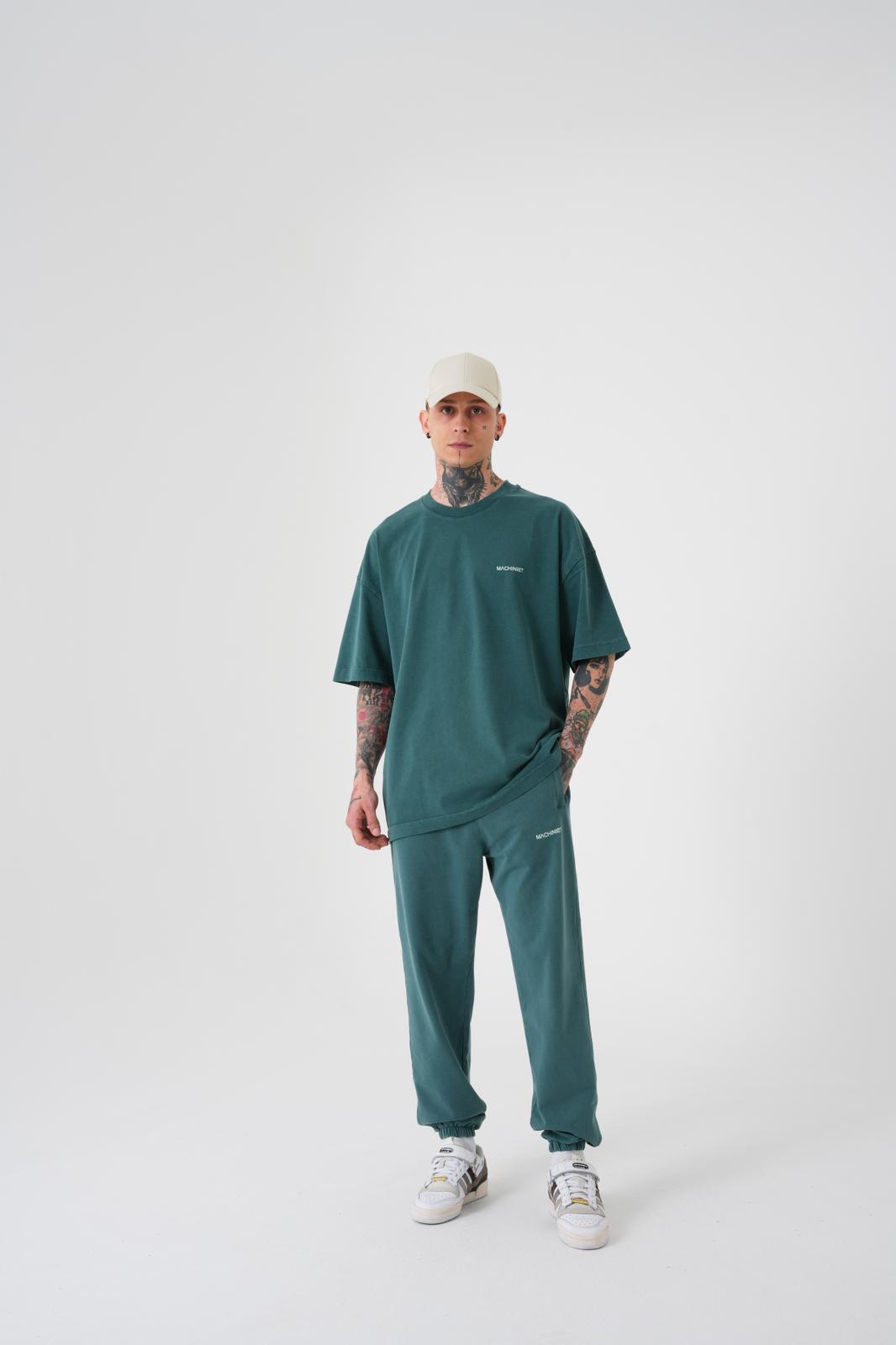 Erkek Yıkamalı Basic Oversize Tişört Yağ Yeşili-4