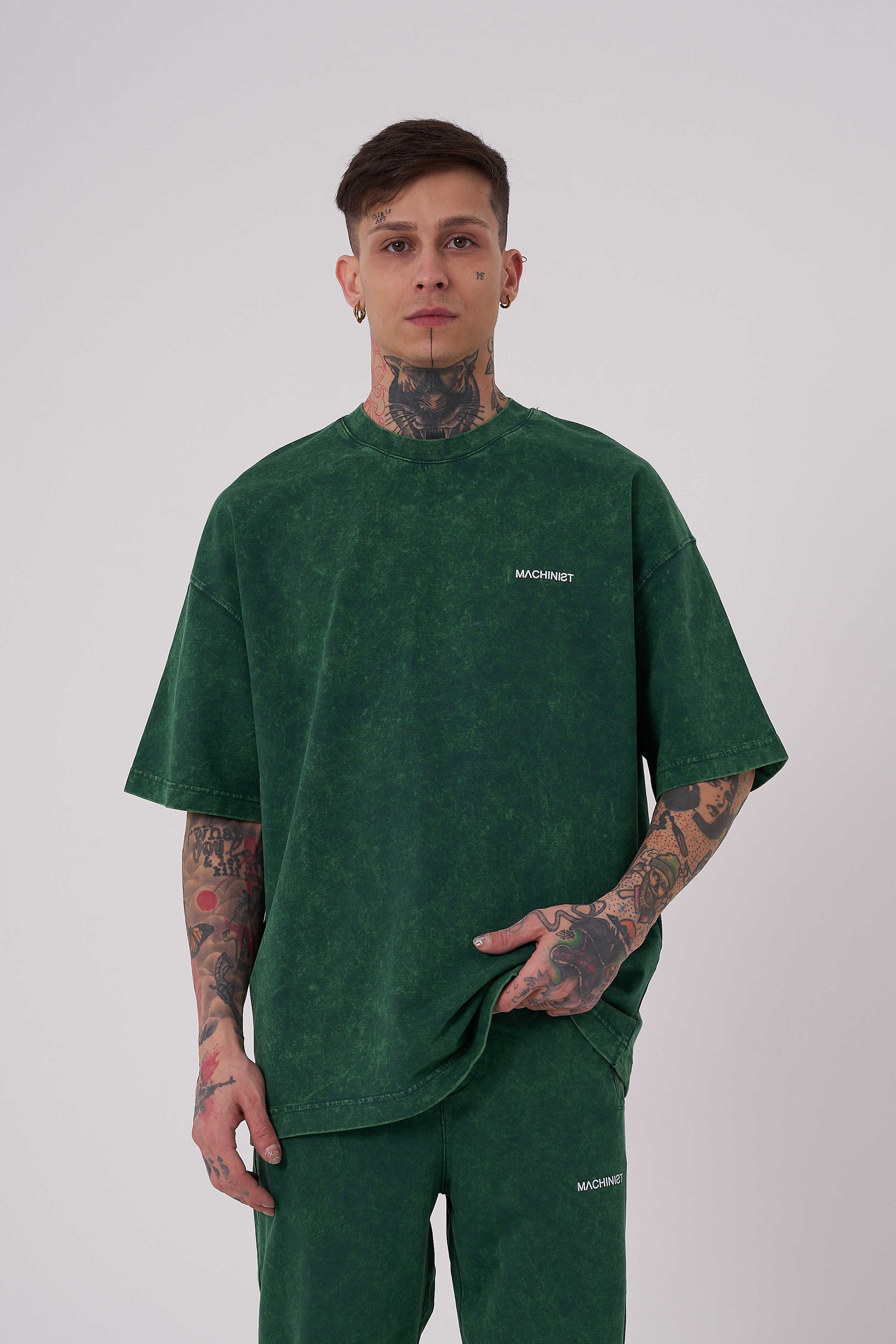 Erkek Yıkamalı Basic Oversize Tişört Yağ Yeşili Efektli