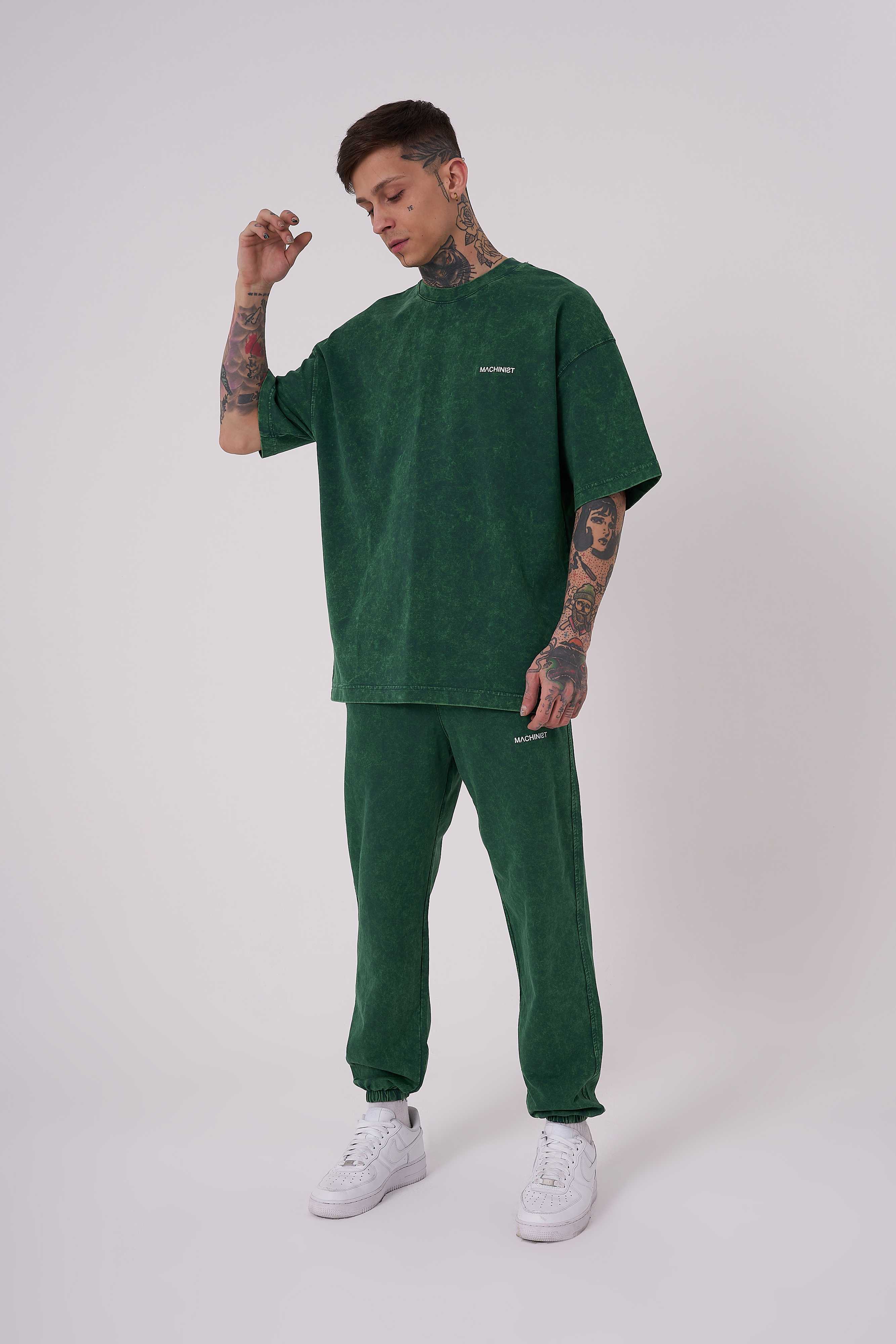 Erkek Yıkamalı Basic Oversize Tişört Yağ Yeşili Efektli