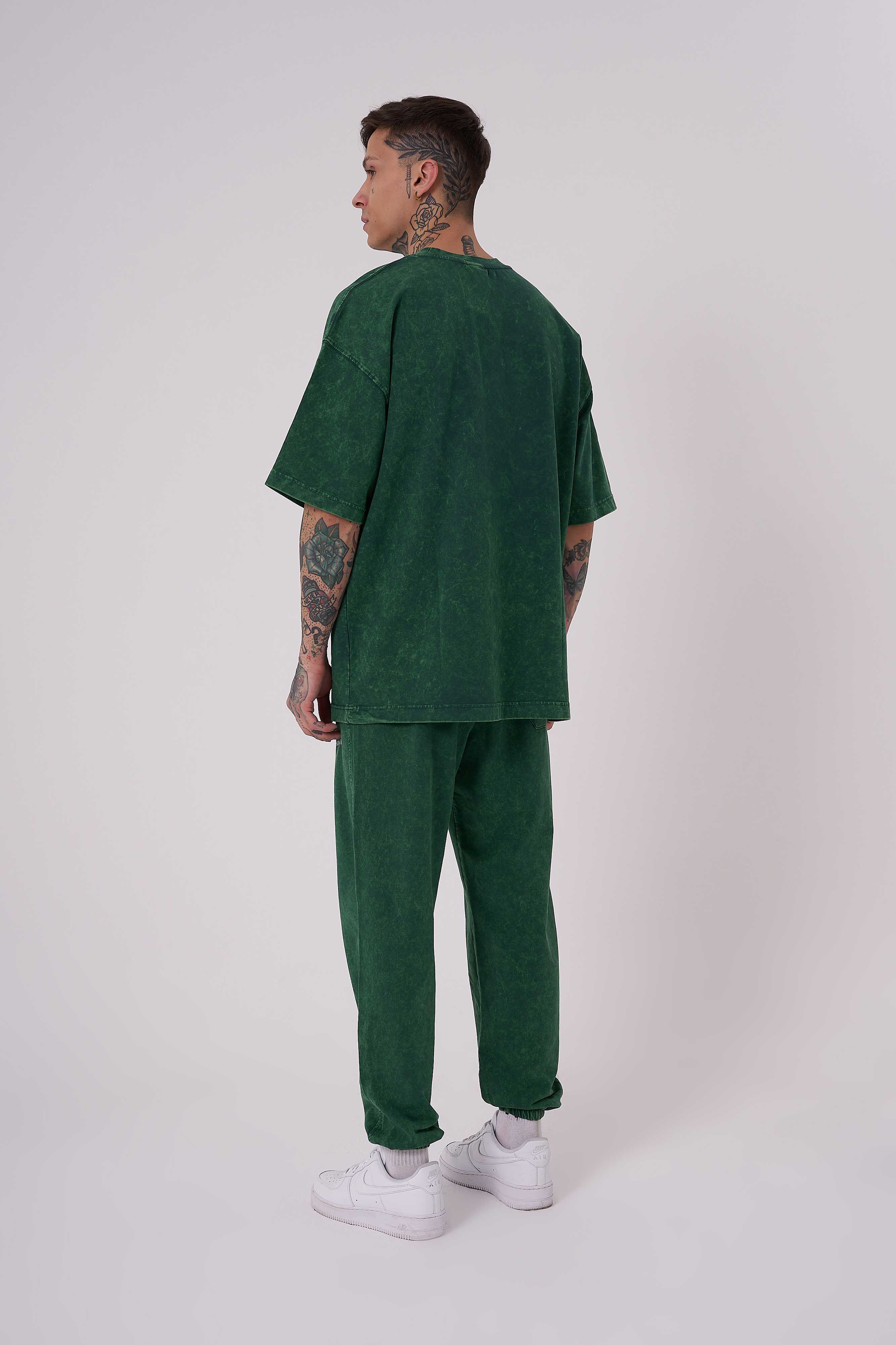 Erkek Yıkamalı Basic Oversize Tişört Yağ Yeşili Efektli-3