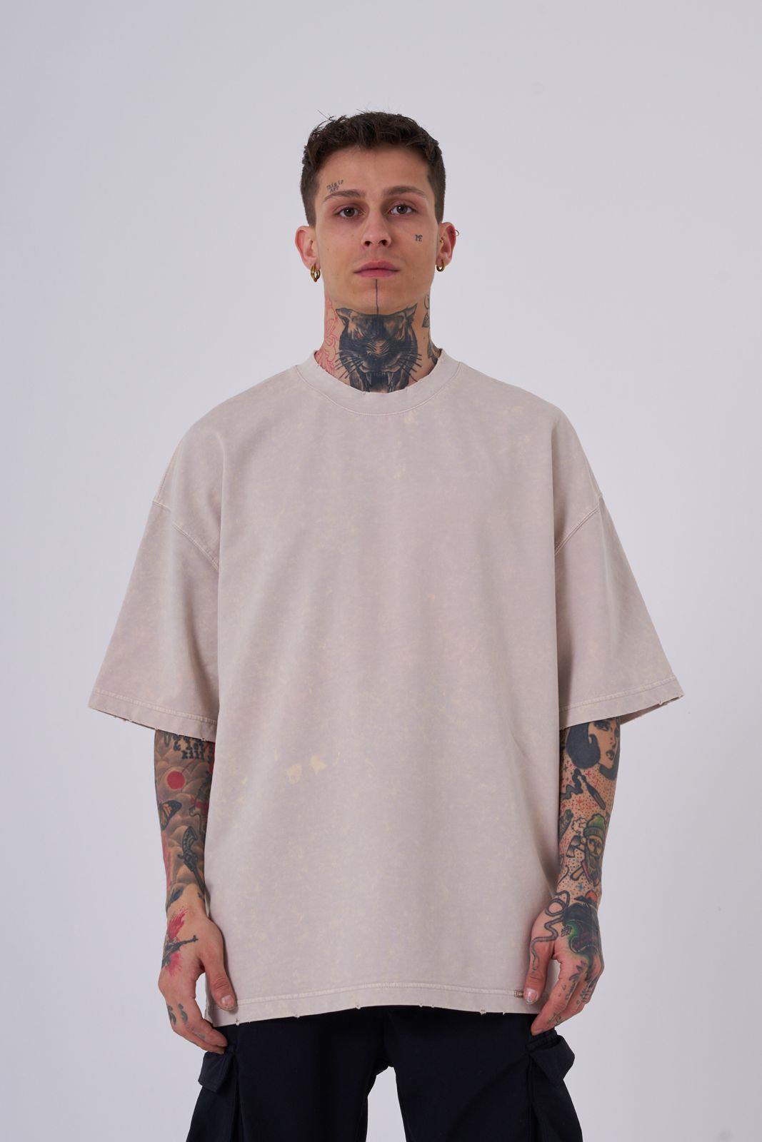 Erkek Yıkamalı Hidden Patch Oversize Tişört Açık Bej Efektli