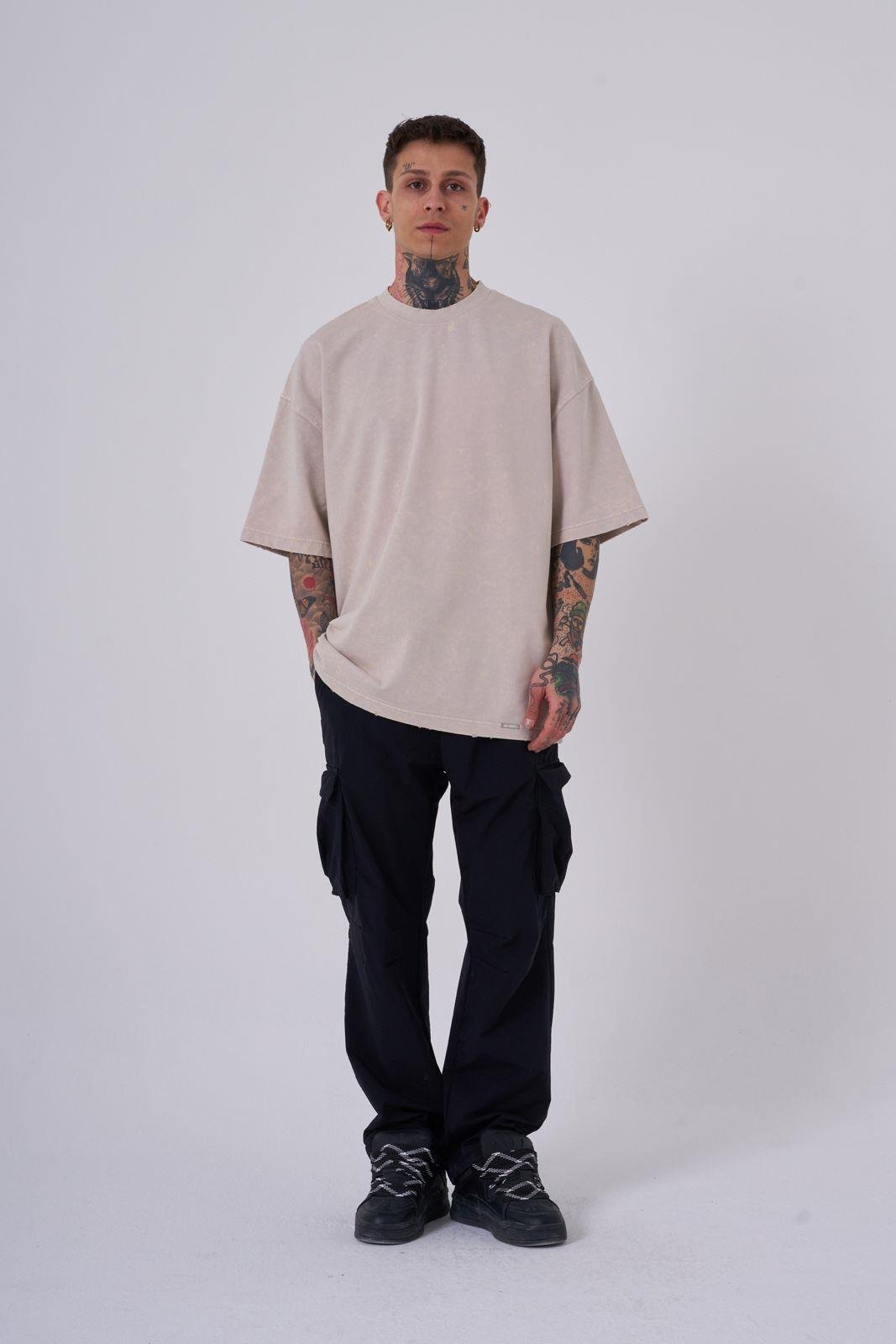 Erkek Yıkamalı Hidden Patch Oversize Tişört Açık Bej Efektli