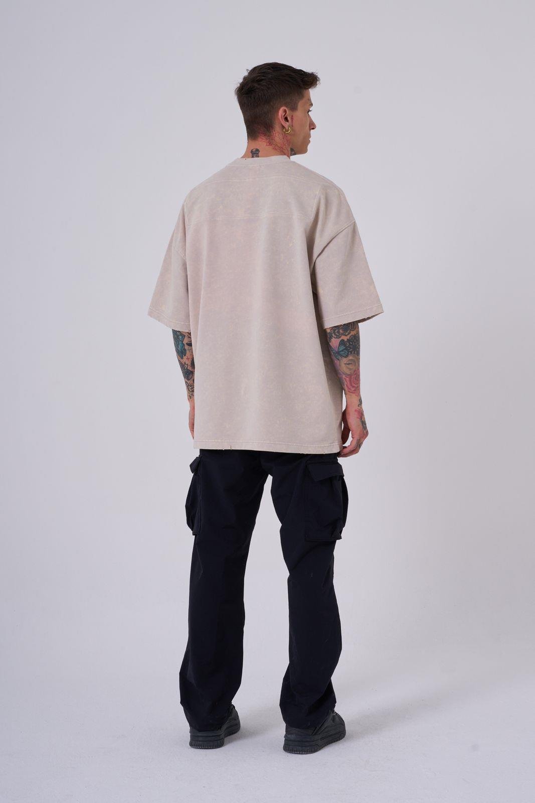 Erkek Yıkamalı Hidden Patch Oversize Tişört Açık Bej Efektli