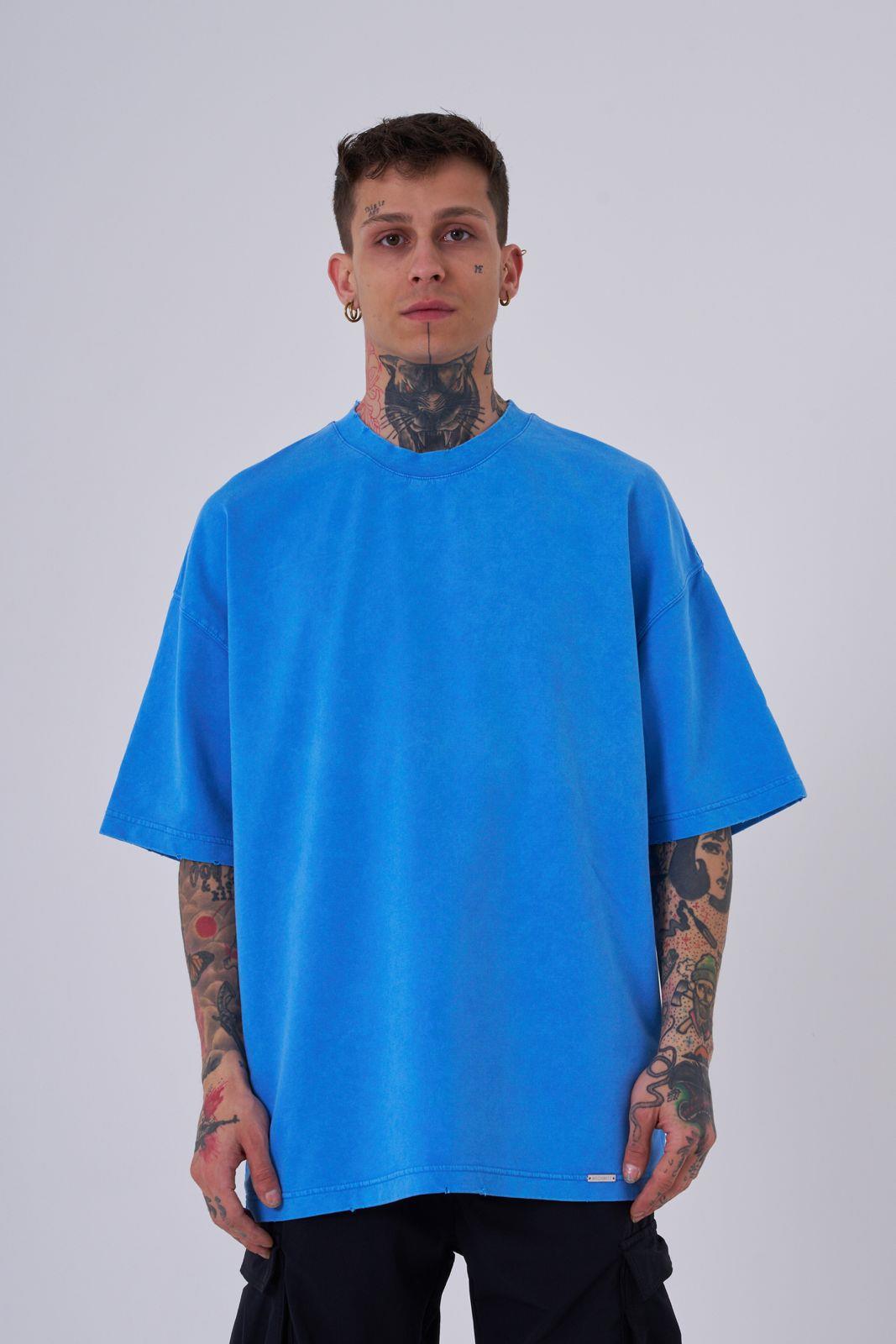 Erkek Yıkamalı Hidden Patch Oversize Tişört Açık Mavi Efektli