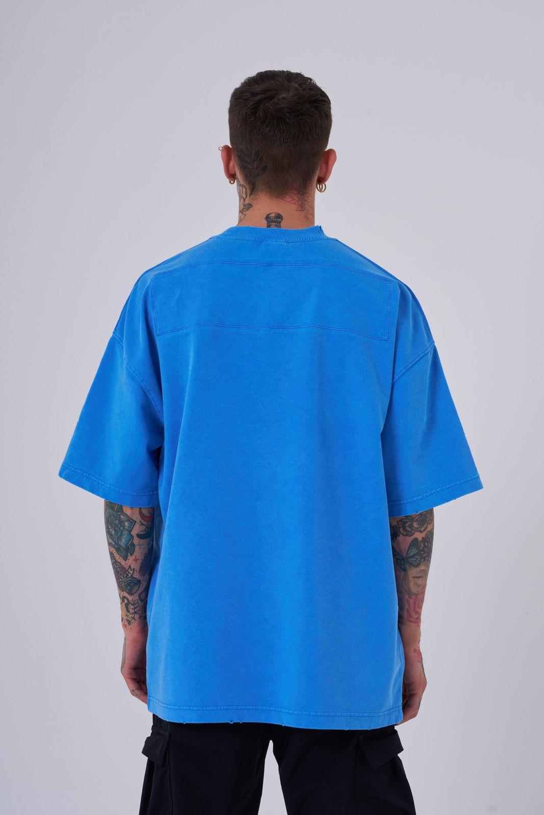 Erkek Yıkamalı Hidden Patch Oversize Tişört Açık Mavi Efektli