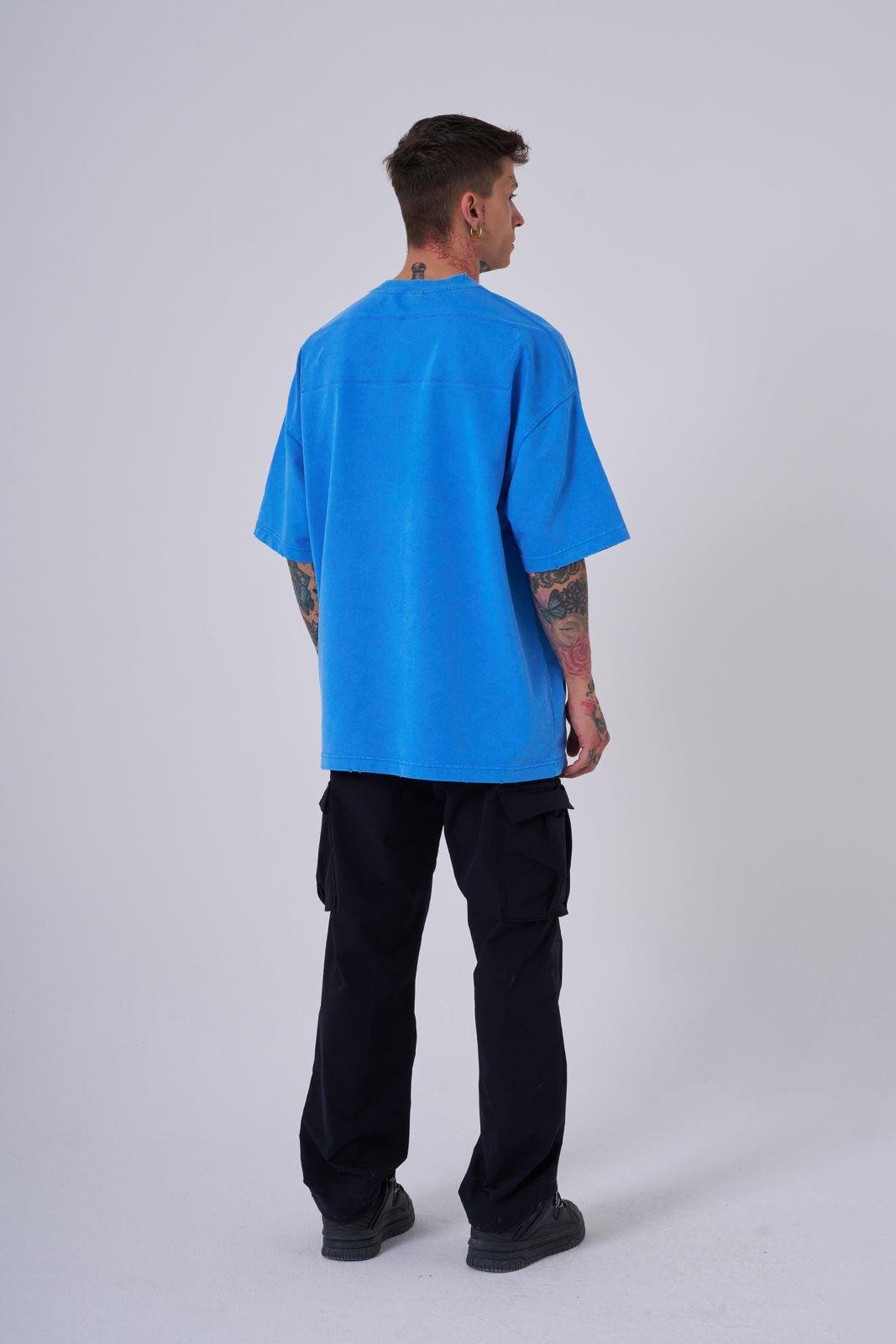 Erkek Yıkamalı Hidden Patch Oversize Tişört Açık Mavi Efektli