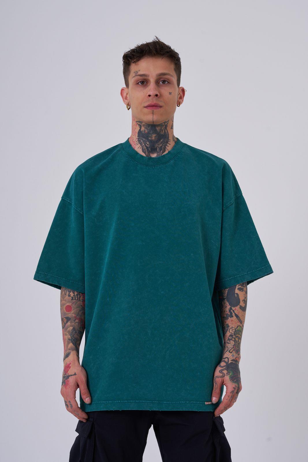 Erkek Yıkamalı Hidden Patch Oversize Tişört Yağ Yeşili
