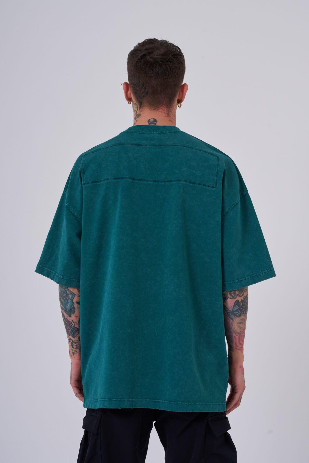 Erkek Yıkamalı Hidden Patch Oversize Tişört Yağ Yeşili