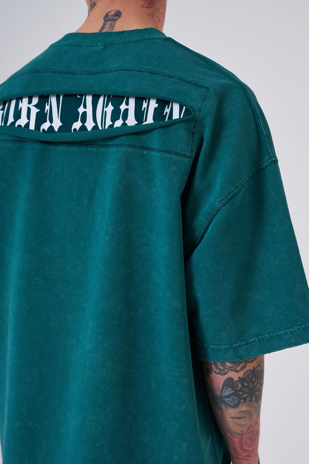 Erkek Yıkamalı Hidden Patch Oversize Tişört Yağ Yeşili