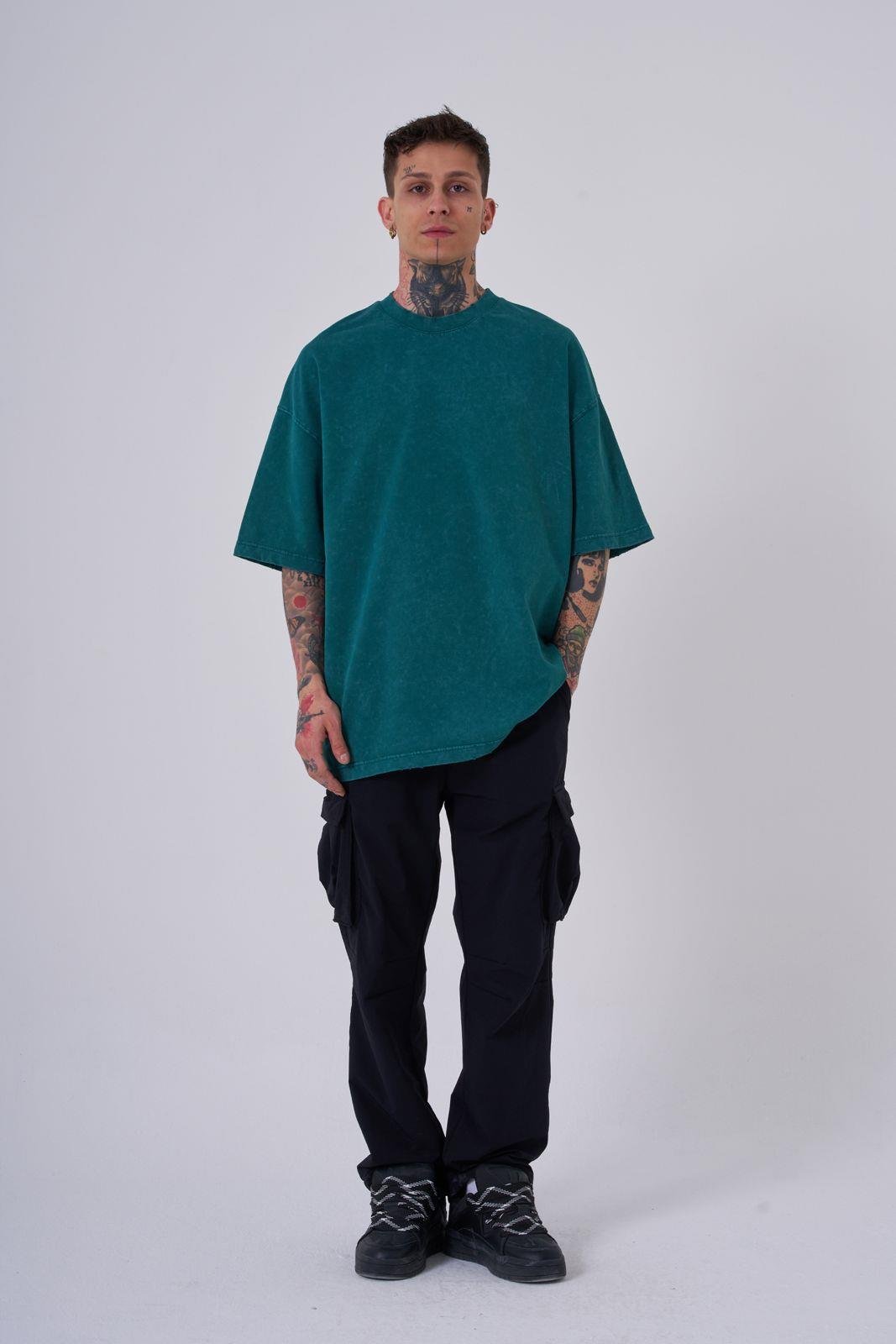 Erkek Yıkamalı Hidden Patch Oversize Tişört Yağ Yeşili