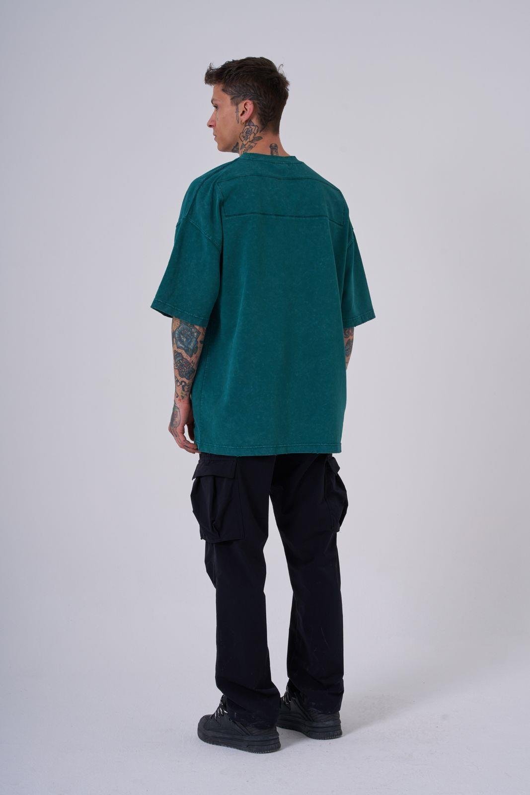 Erkek Yıkamalı Hidden Patch Oversize Tişört Yağ Yeşili