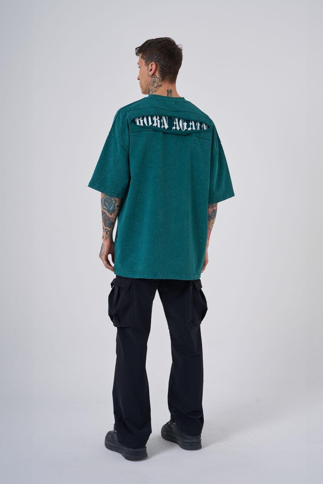 Erkek Yıkamalı Hidden Patch Oversize Tişört Yağ Yeşili