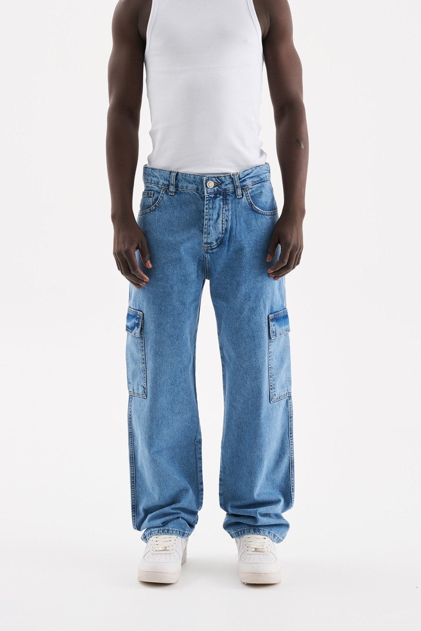 Erkek Yıkamalı Kargo Cepli Baggy Fit Jean Pantolon Açık Mavi