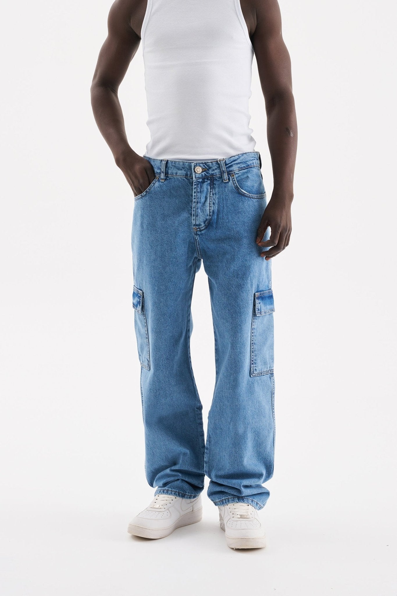 Erkek Yıkamalı Kargo Cepli Baggy Fit Jean Pantolon Açık Mavi