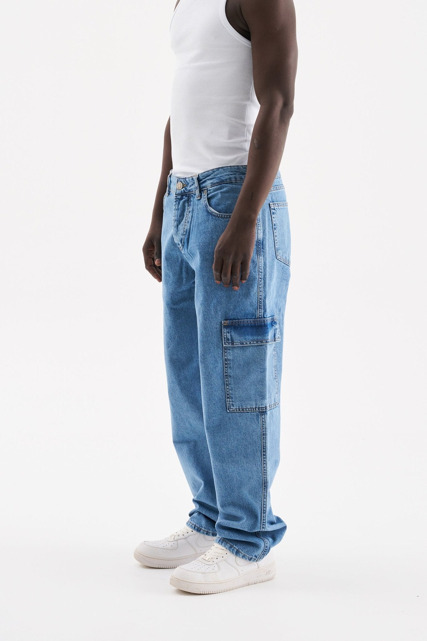 Erkek Yıkamalı Kargo Cepli Baggy Fit Jean Pantolon Açık Mavi