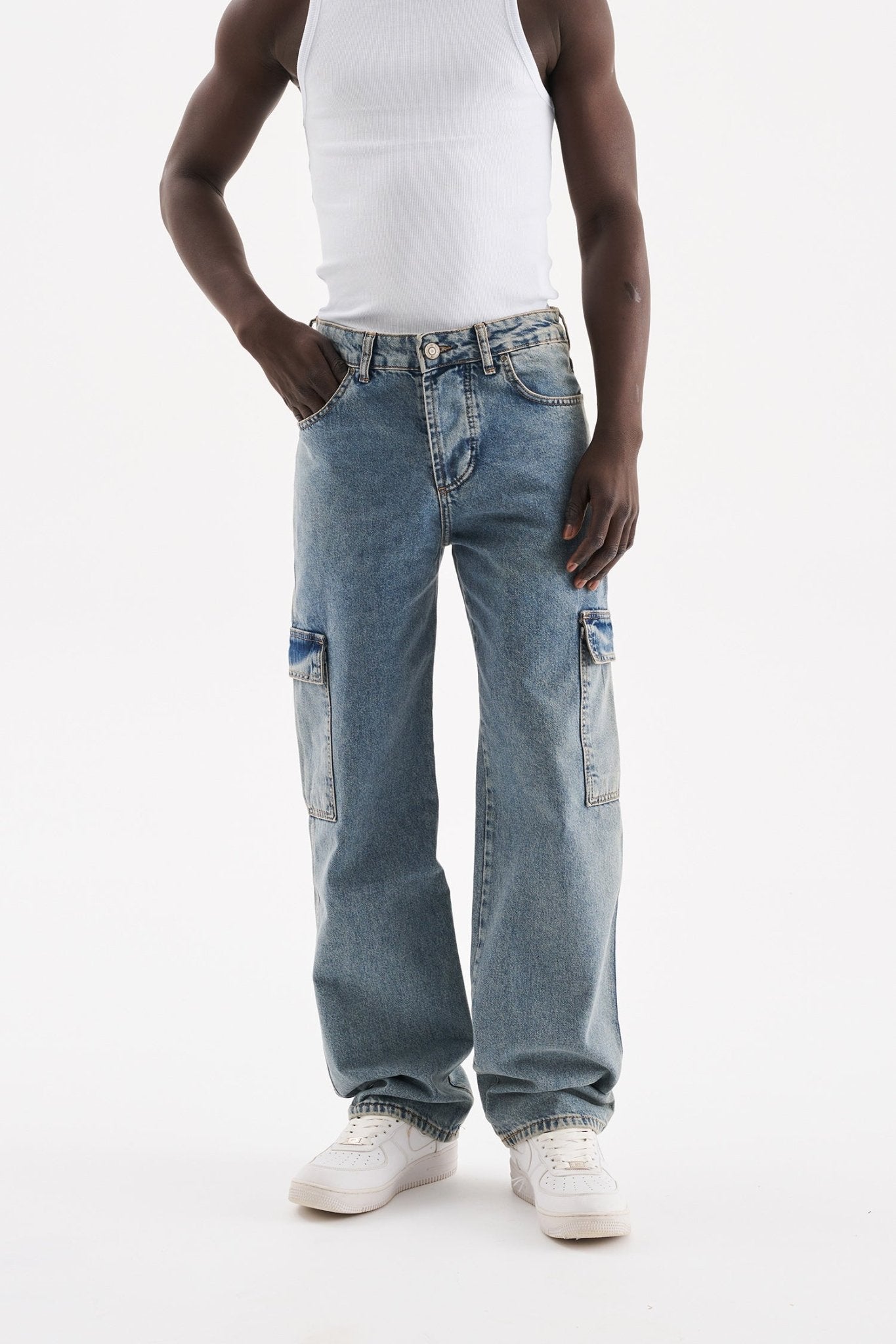 Erkek Yıkamalı Kargo Cepli Baggy Fit Jean Pantolon Efektli Mavi