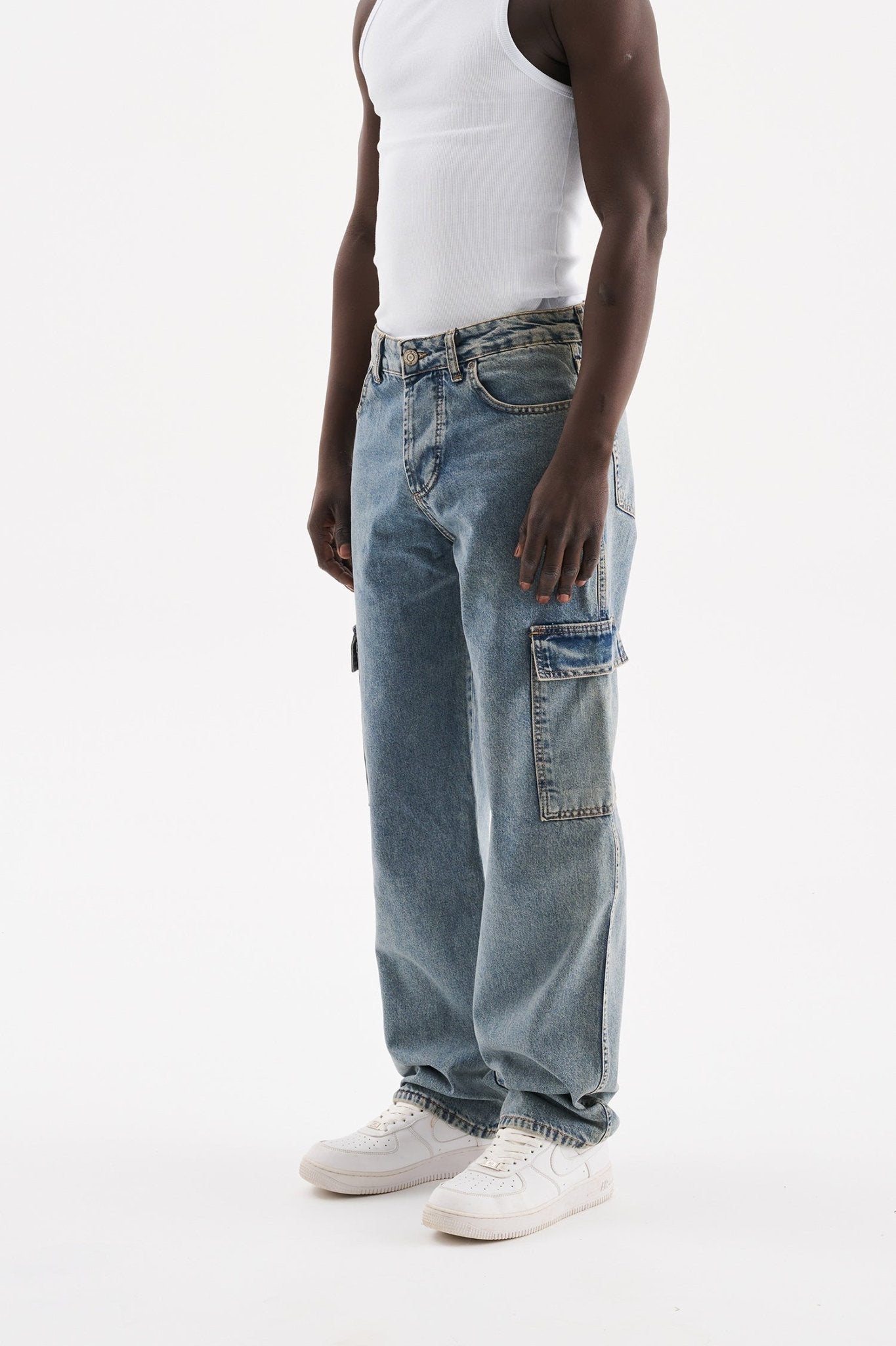 Erkek Yıkamalı Kargo Cepli Baggy Fit Jean Pantolon Efektli Mavi