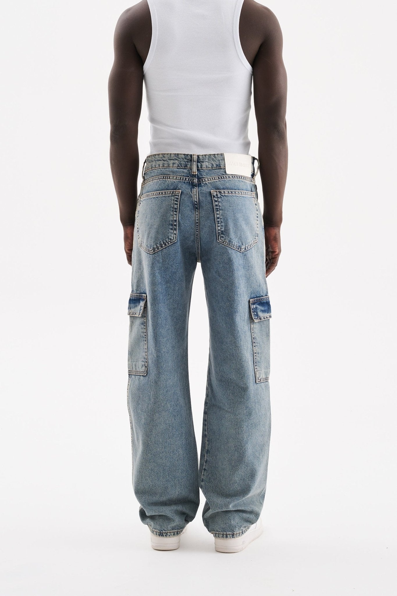 Erkek Yıkamalı Kargo Cepli Baggy Fit Jean Pantolon Efektli Mavi