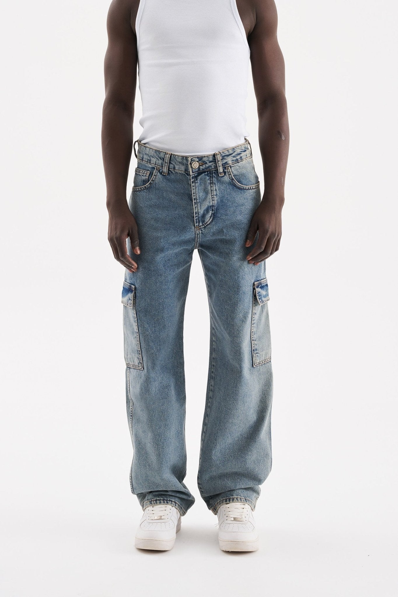 Erkek Yıkamalı Kargo Cepli Baggy Fit Jean Pantolon Efektli Mavi