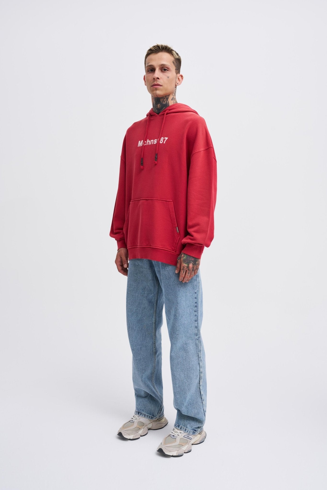 Erkek Yıkamalı Nakışlı Kapüşonlu Oversize Sweatshirt Açık Kırmızı