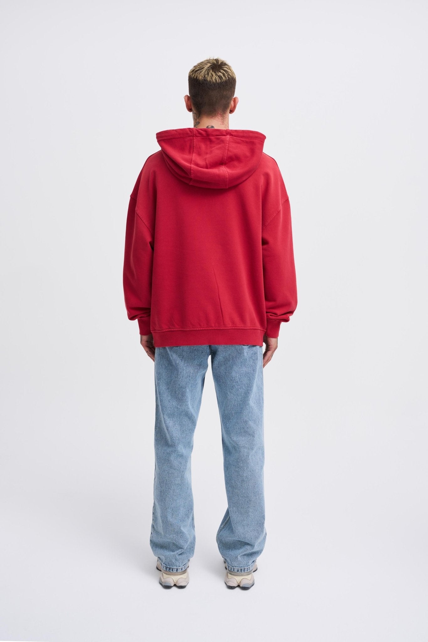 Erkek Yıkamalı Nakışlı Kapüşonlu Oversize Sweatshirt Açık Kırmızı