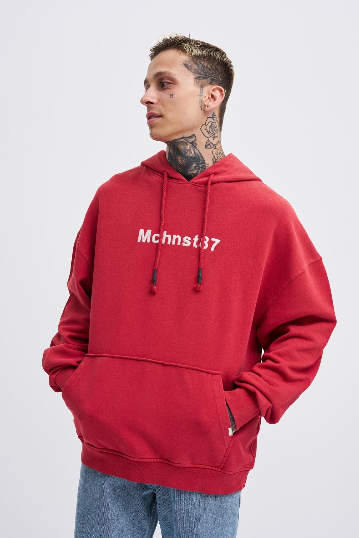 Erkek Yıkamalı Nakışlı Kapüşonlu Oversize Sweatshirt Açık Kırmızı