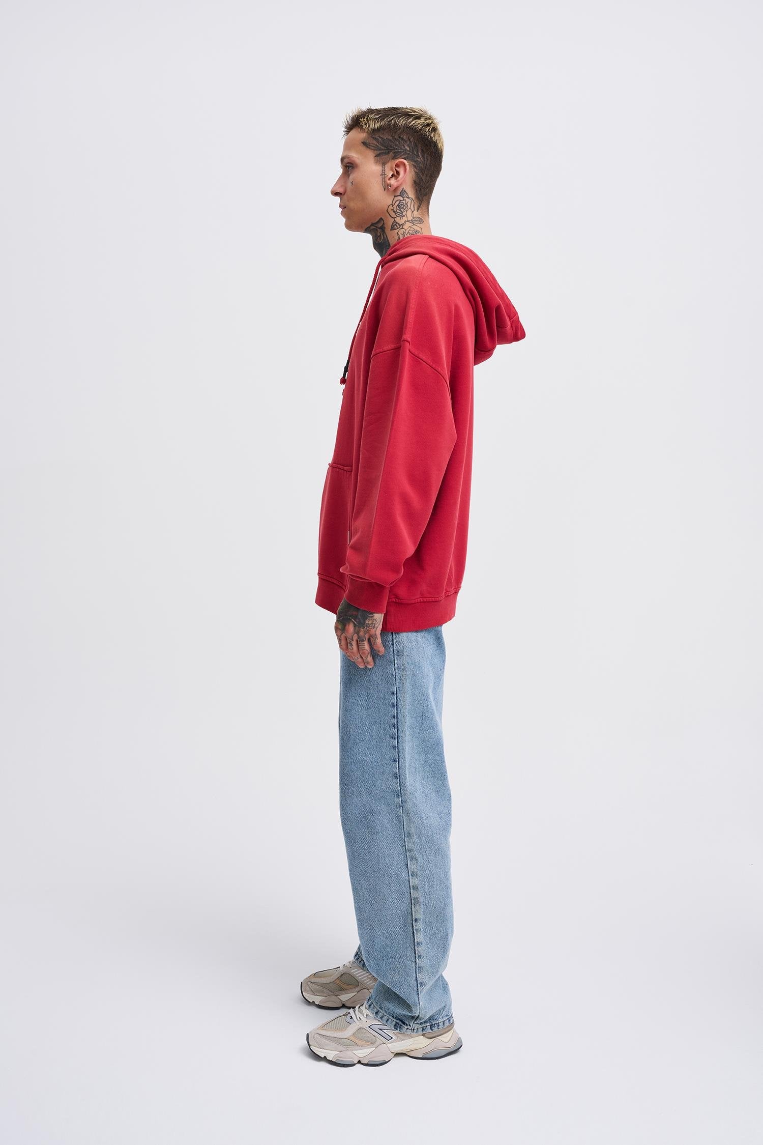 Erkek Yıkamalı Nakışlı Kapüşonlu Oversize Sweatshirt Açık Kırmızı