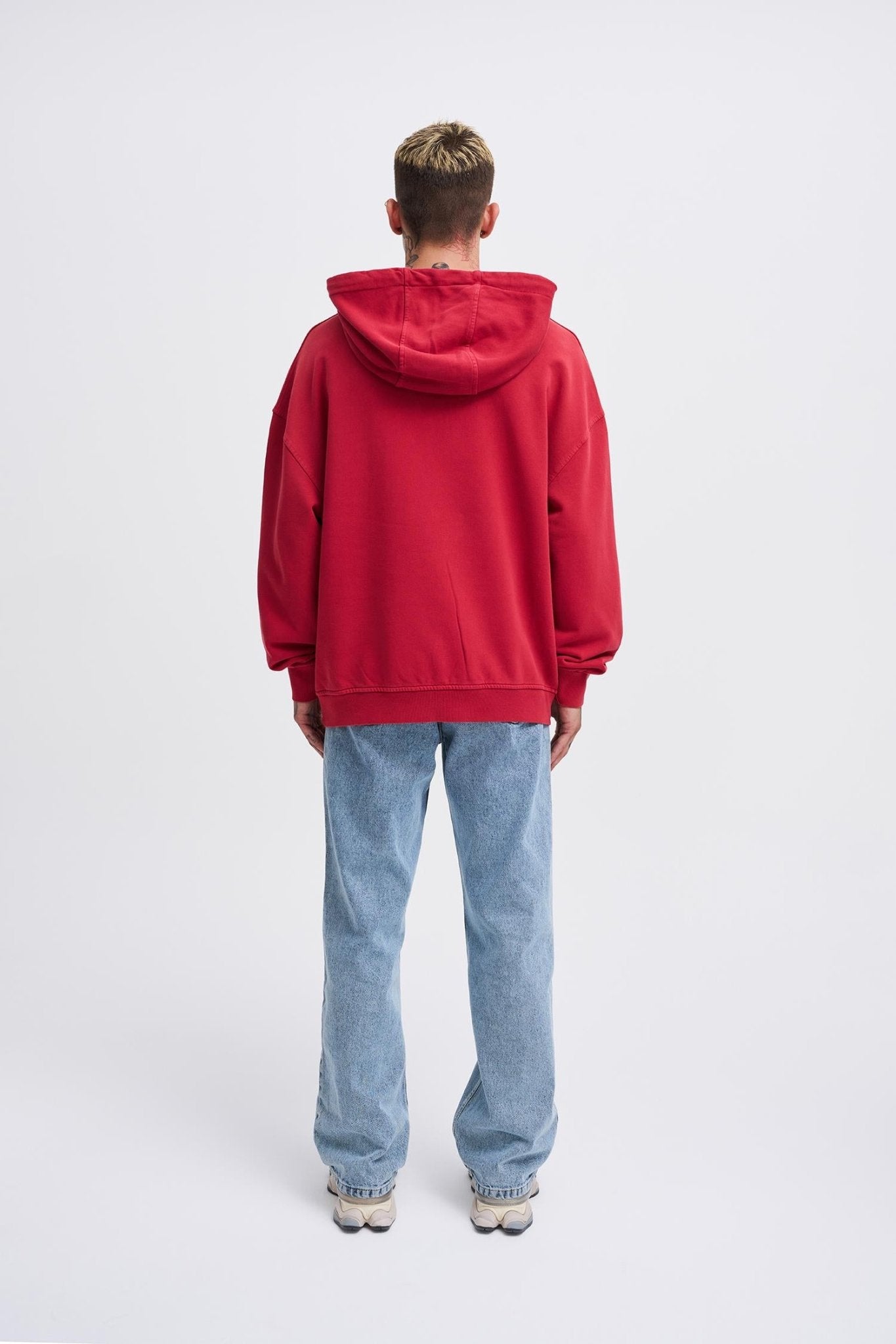 Erkek Yıkamalı Nakışlı Kapüşonlu Oversize Sweatshirt Açık Kırmızı