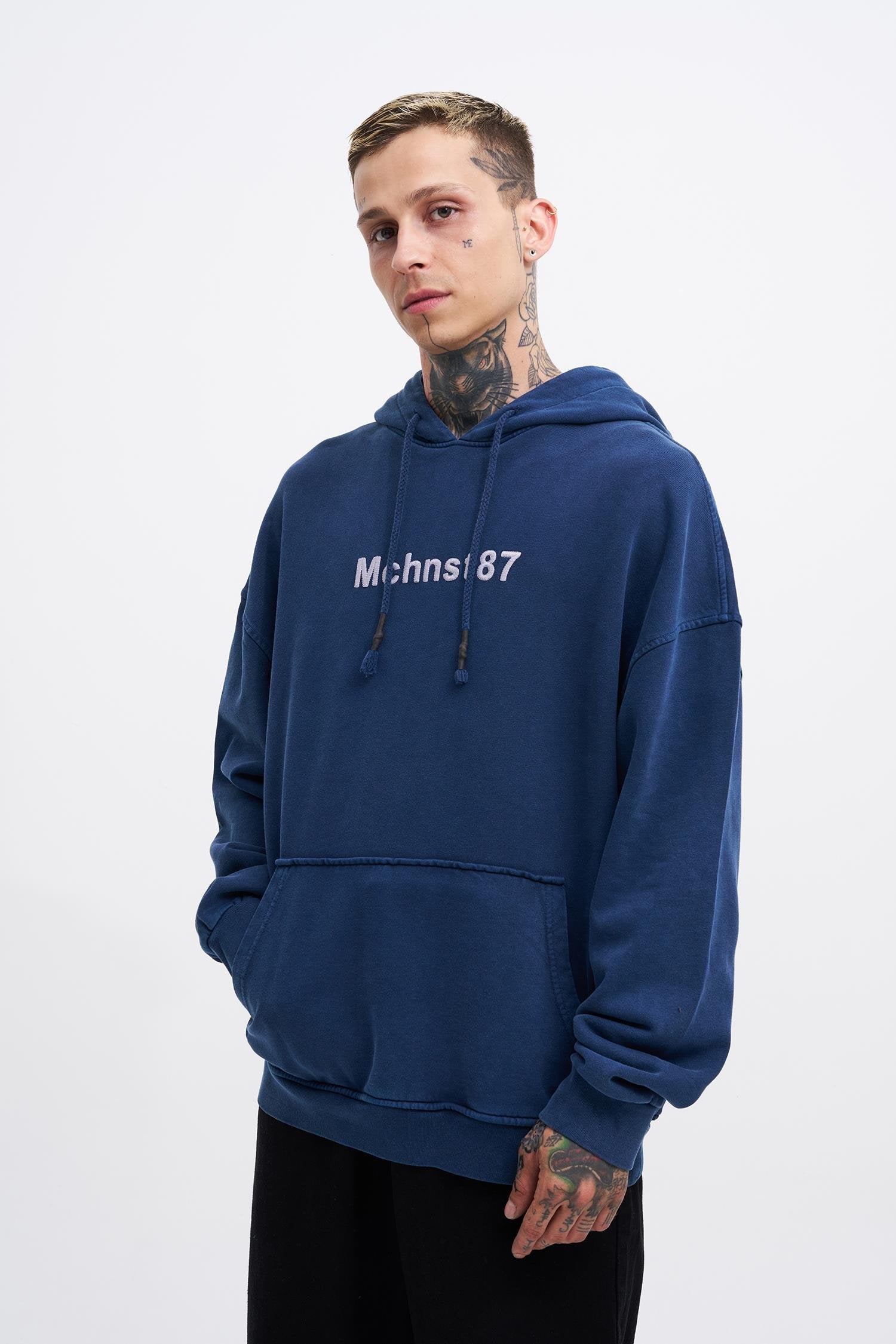 Erkek Yıkamalı Nakışlı Kapüşonlu Oversize Sweatshirt Gece Mavisi