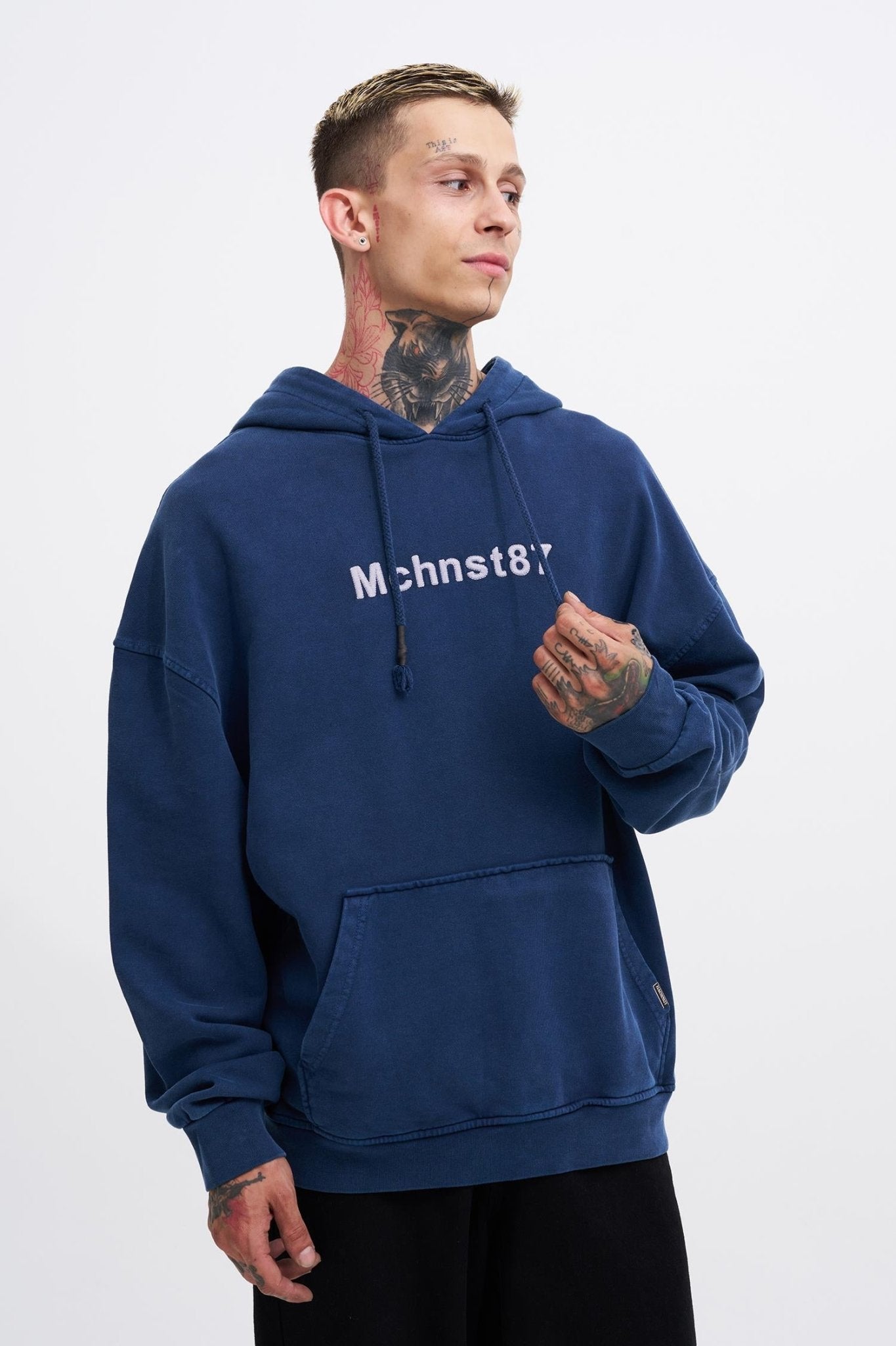 Erkek Yıkamalı Nakışlı Kapüşonlu Oversize Sweatshirt Gece Mavisi