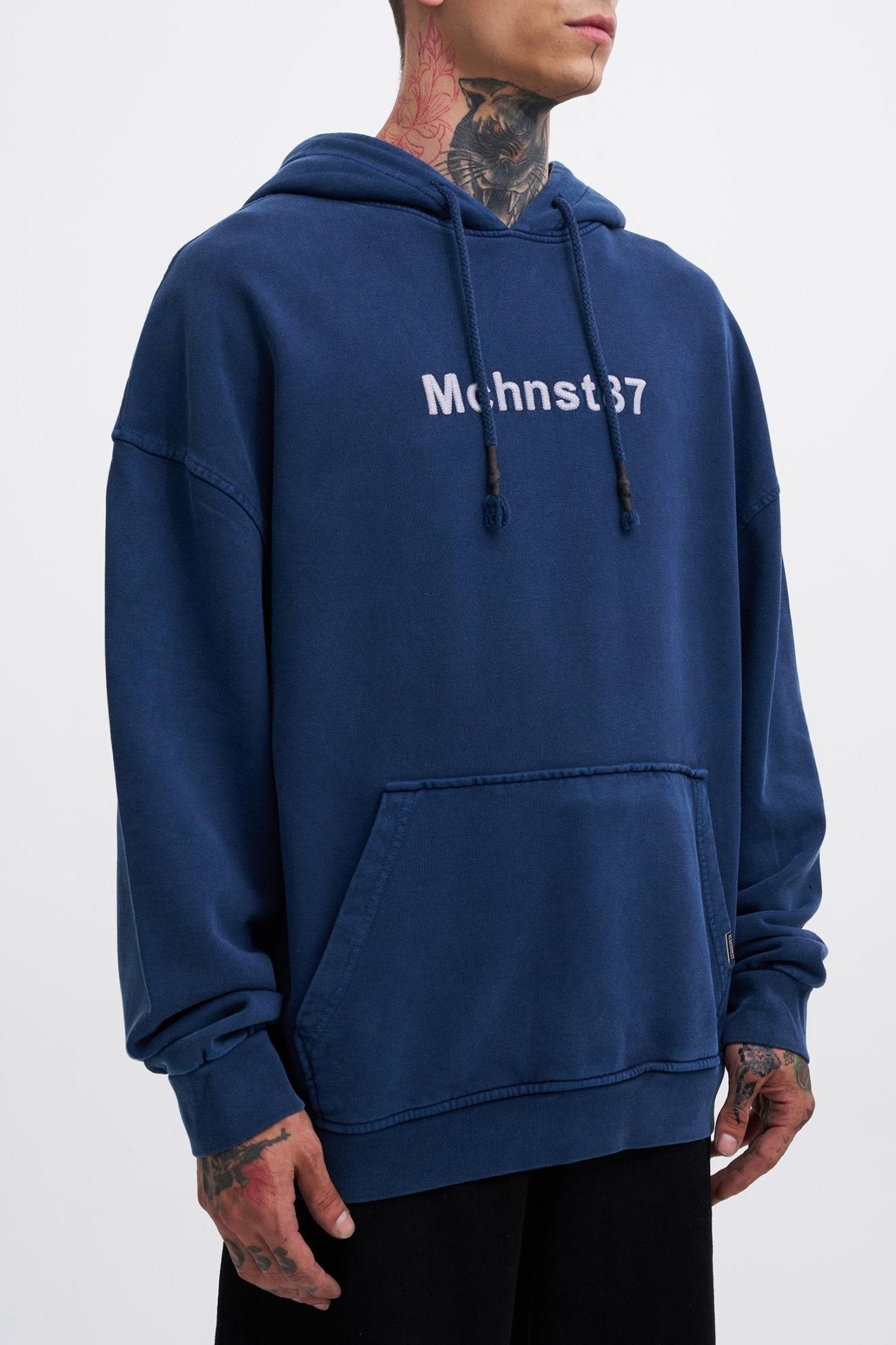 Erkek Yıkamalı Nakışlı Kapüşonlu Oversize Sweatshirt Gece Mavisi