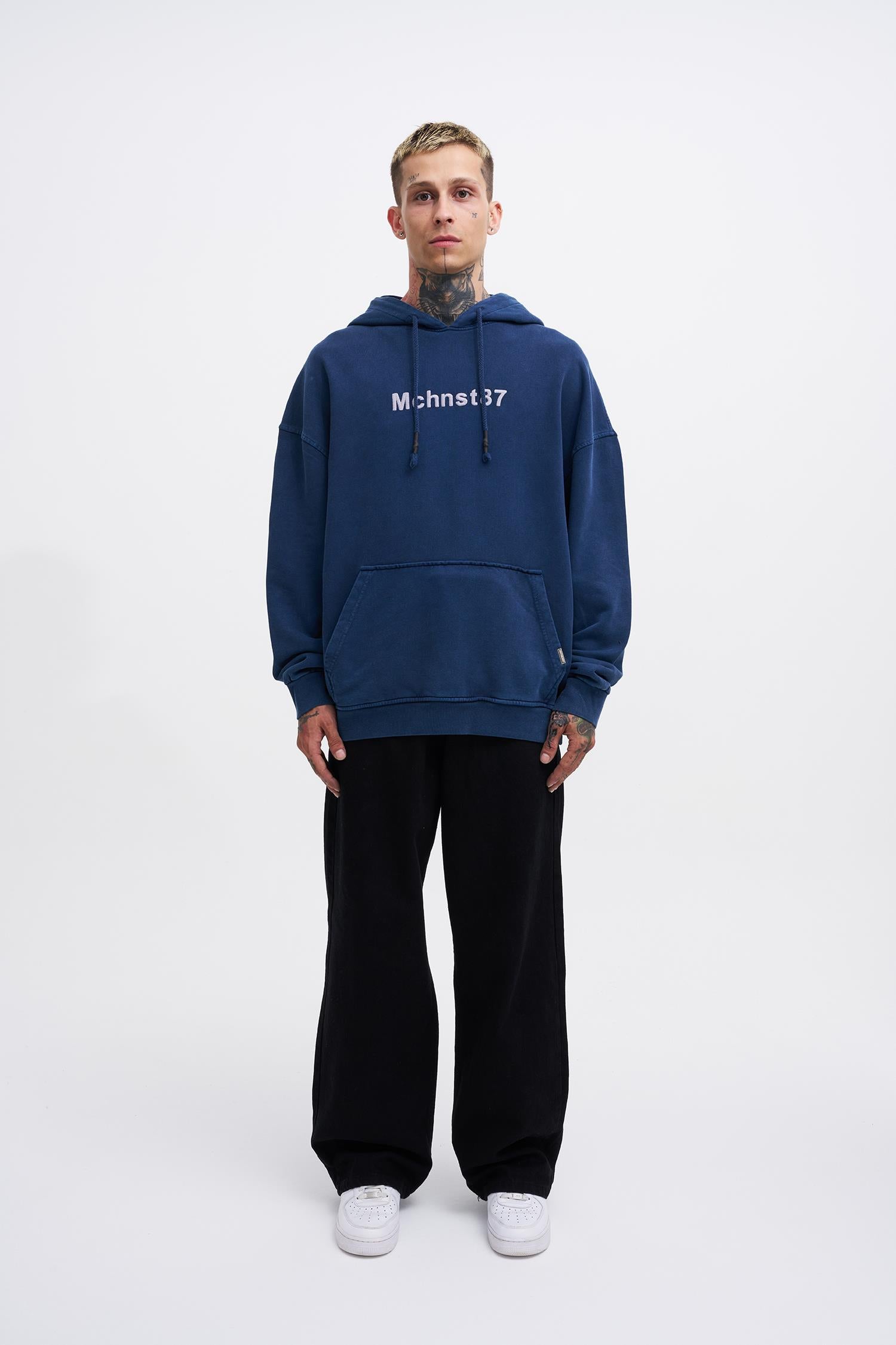 Erkek Yıkamalı Nakışlı Kapüşonlu Oversize Sweatshirt Gece Mavisi