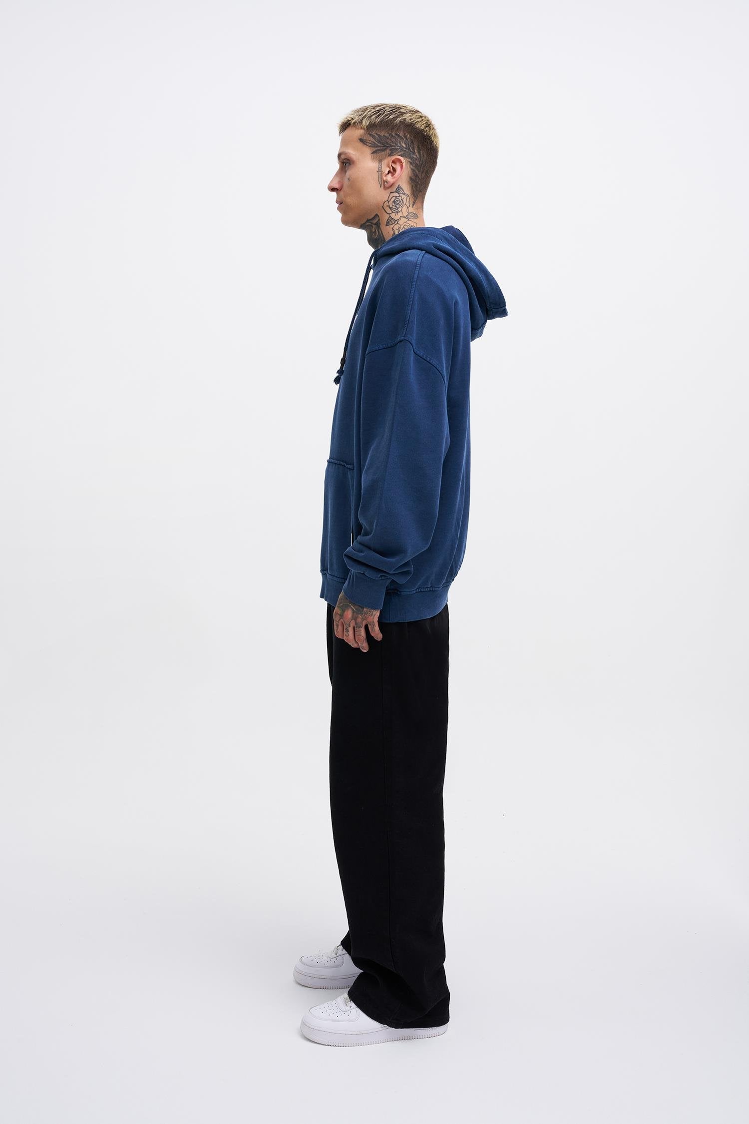 Erkek Yıkamalı Nakışlı Kapüşonlu Oversize Sweatshirt Gece Mavisi