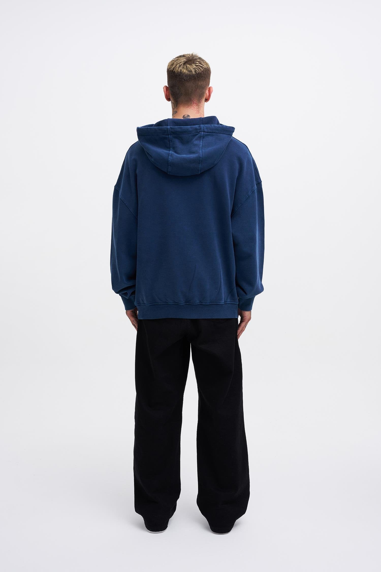 Erkek Yıkamalı Nakışlı Kapüşonlu Oversize Sweatshirt Gece Mavisi