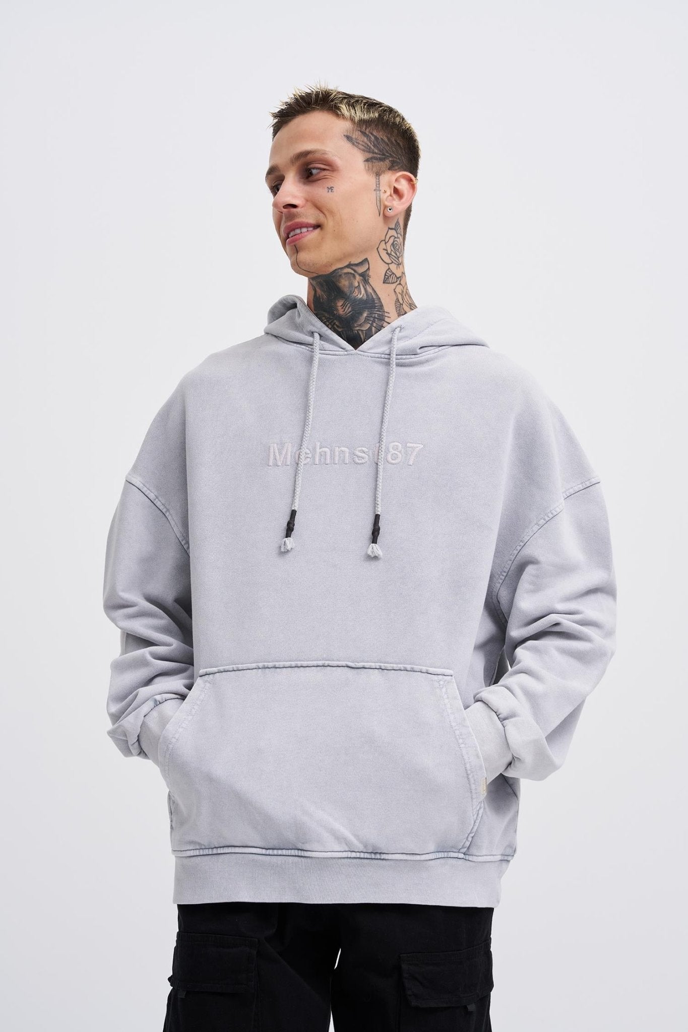 Erkek Yıkamalı Nakışlı Kapüşonlu Oversize Sweatshirt Gri