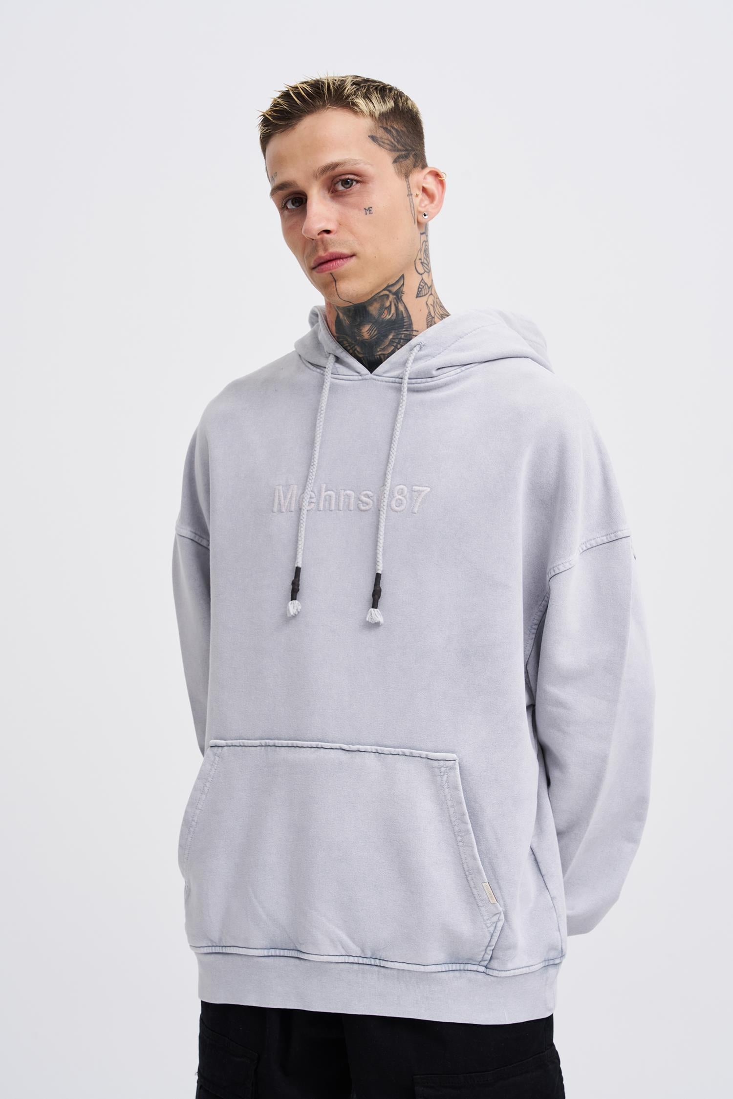 Erkek Yıkamalı Nakışlı Kapüşonlu Oversize Sweatshirt Gri
