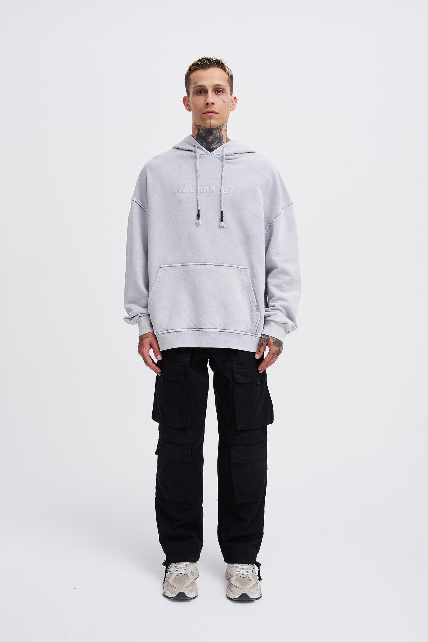 Erkek Yıkamalı Nakışlı Kapüşonlu Oversize Sweatshirt Gri