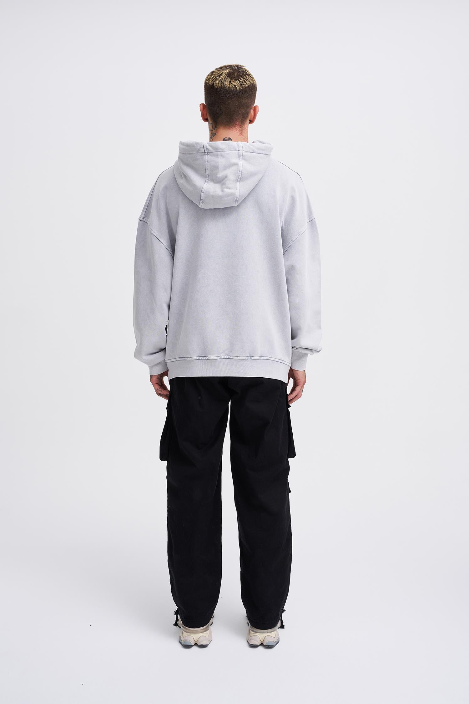 Erkek Yıkamalı Nakışlı Kapüşonlu Oversize Sweatshirt Gri