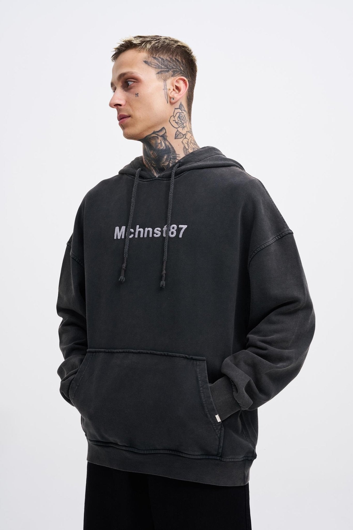 Erkek Yıkamalı Nakışlı Kapüşonlu Oversize Sweatshirt Siyah