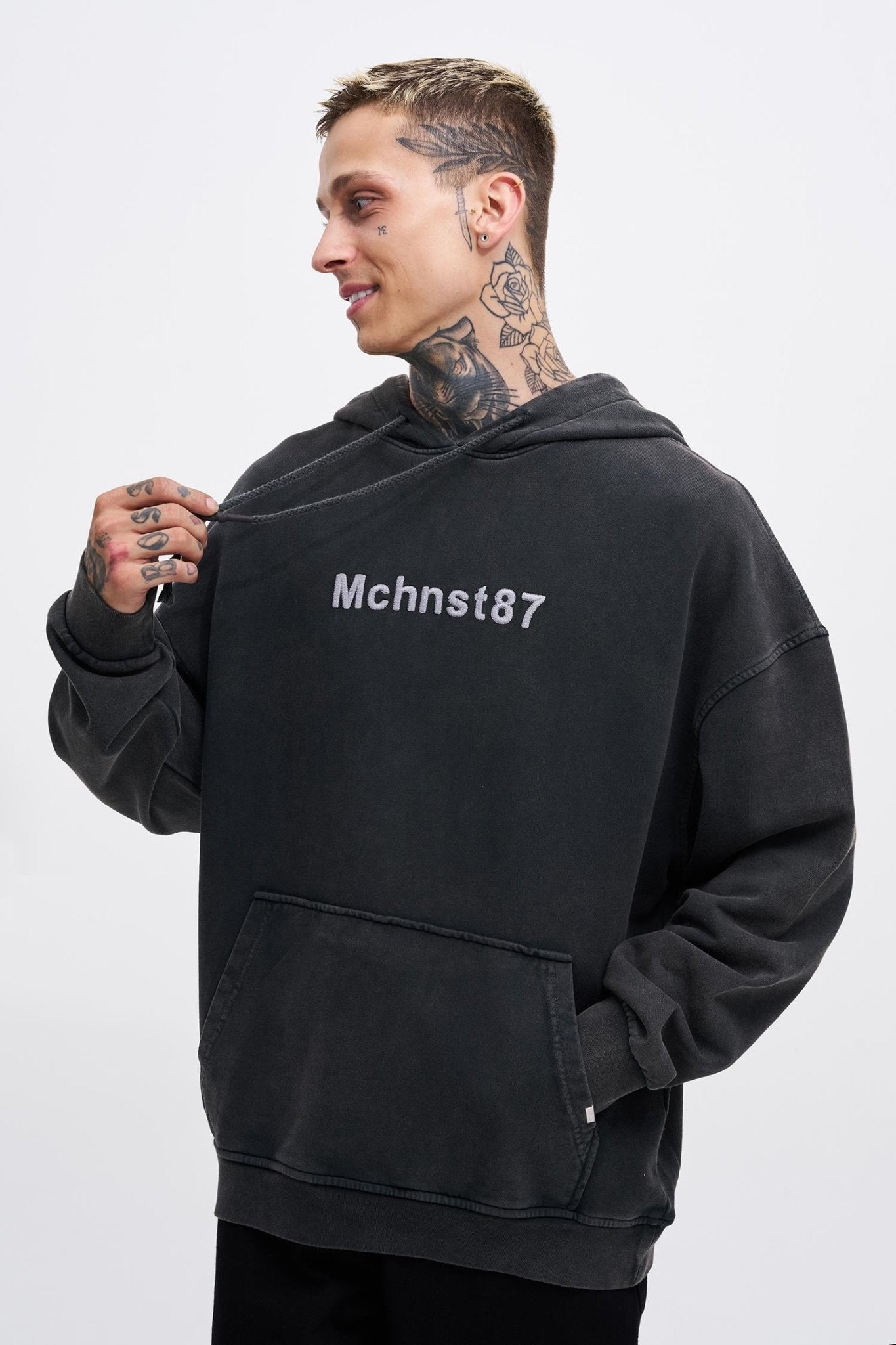 Erkek Yıkamalı Nakışlı Kapüşonlu Oversize Sweatshirt Siyah
