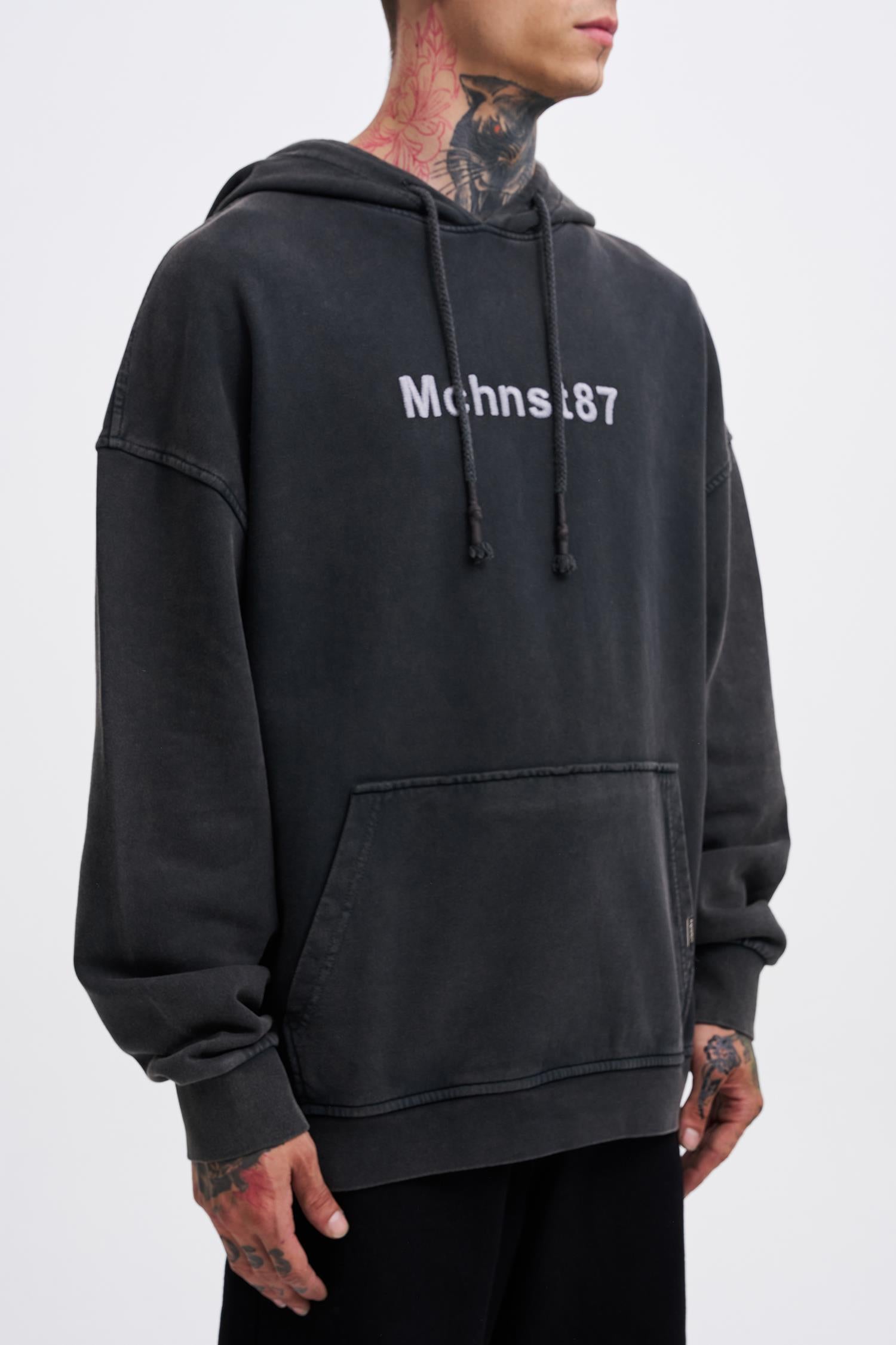 Erkek Yıkamalı Nakışlı Kapüşonlu Oversize Sweatshirt Siyah