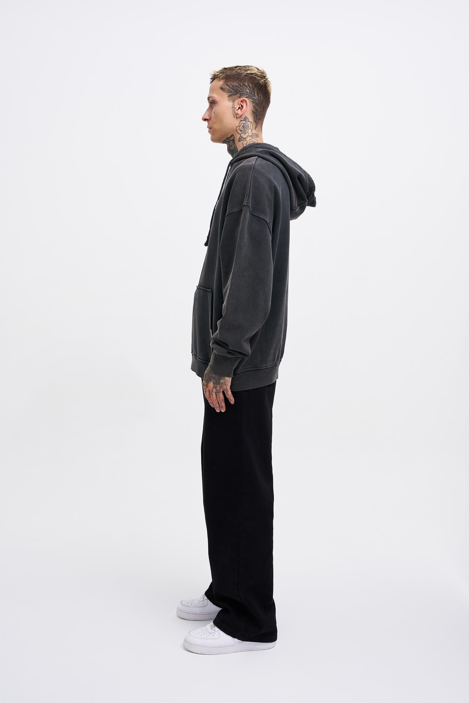 Erkek Yıkamalı Nakışlı Kapüşonlu Oversize Sweatshirt Siyah