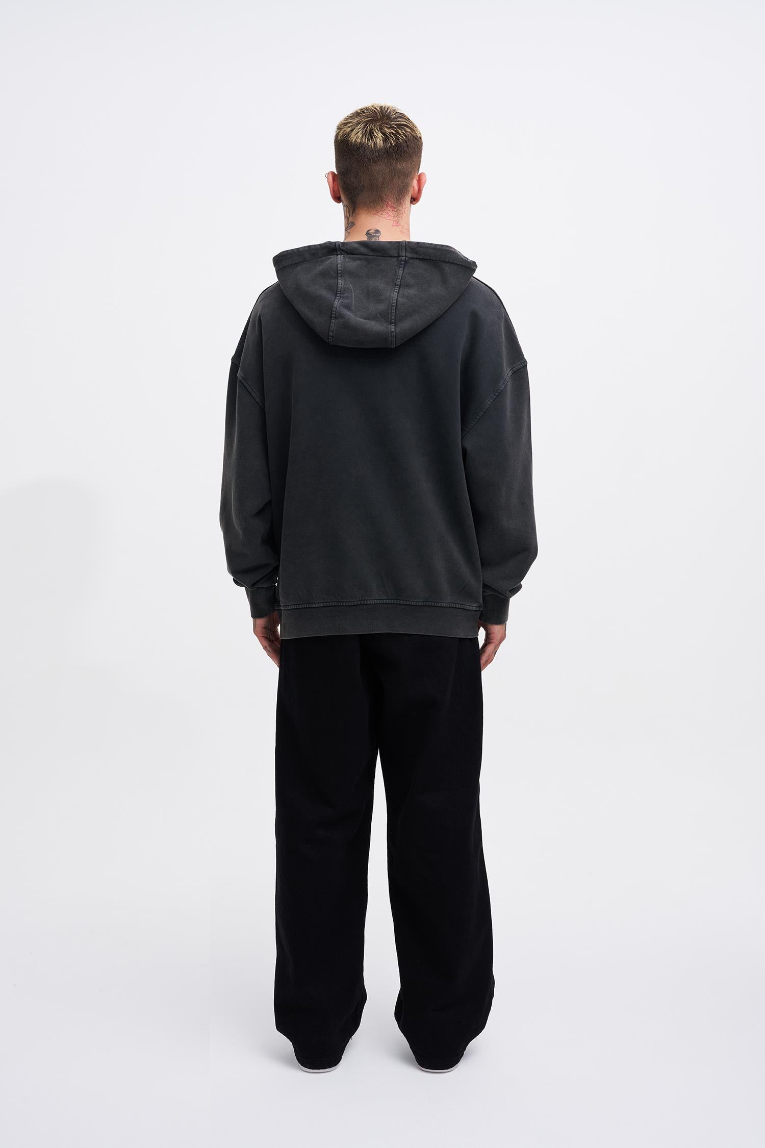 Erkek Yıkamalı Nakışlı Kapüşonlu Oversize Sweatshirt Siyah